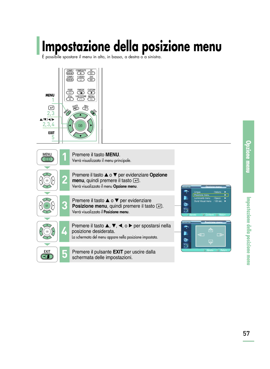 Samsung SPH800BEMX/EDC manual Impostazione della posizione menu 