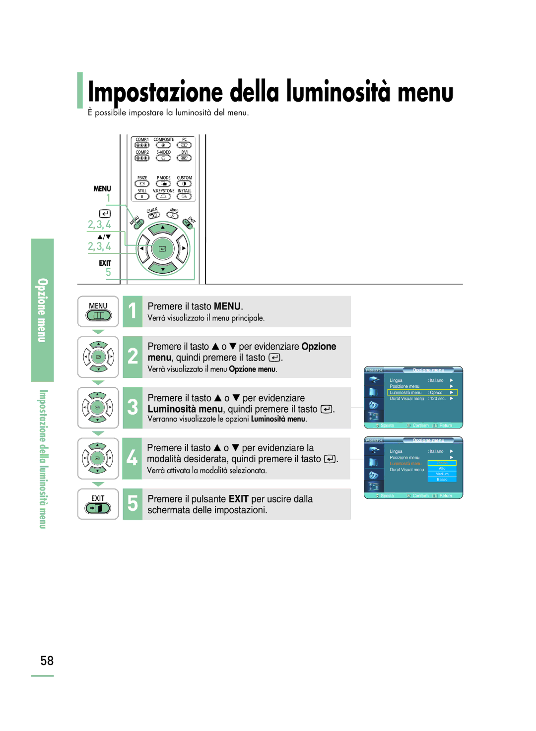 Samsung SPH800BEMX/EDC manual Impostazione della luminosità menu 