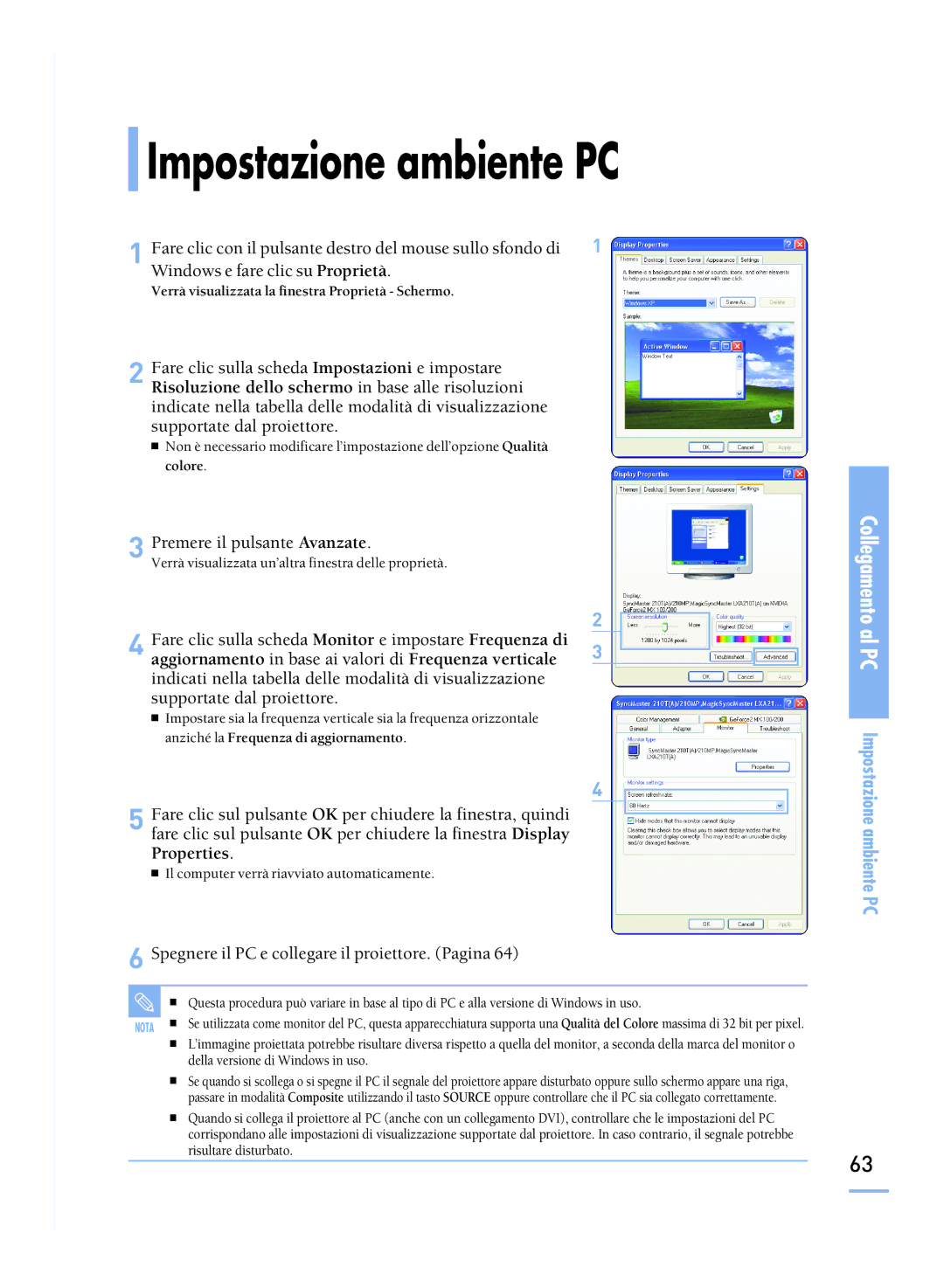 Samsung SPH800BEMX/EDC manual Impostazione ambiente PC, Risoluzione dello schermo in base alle risoluzioni 