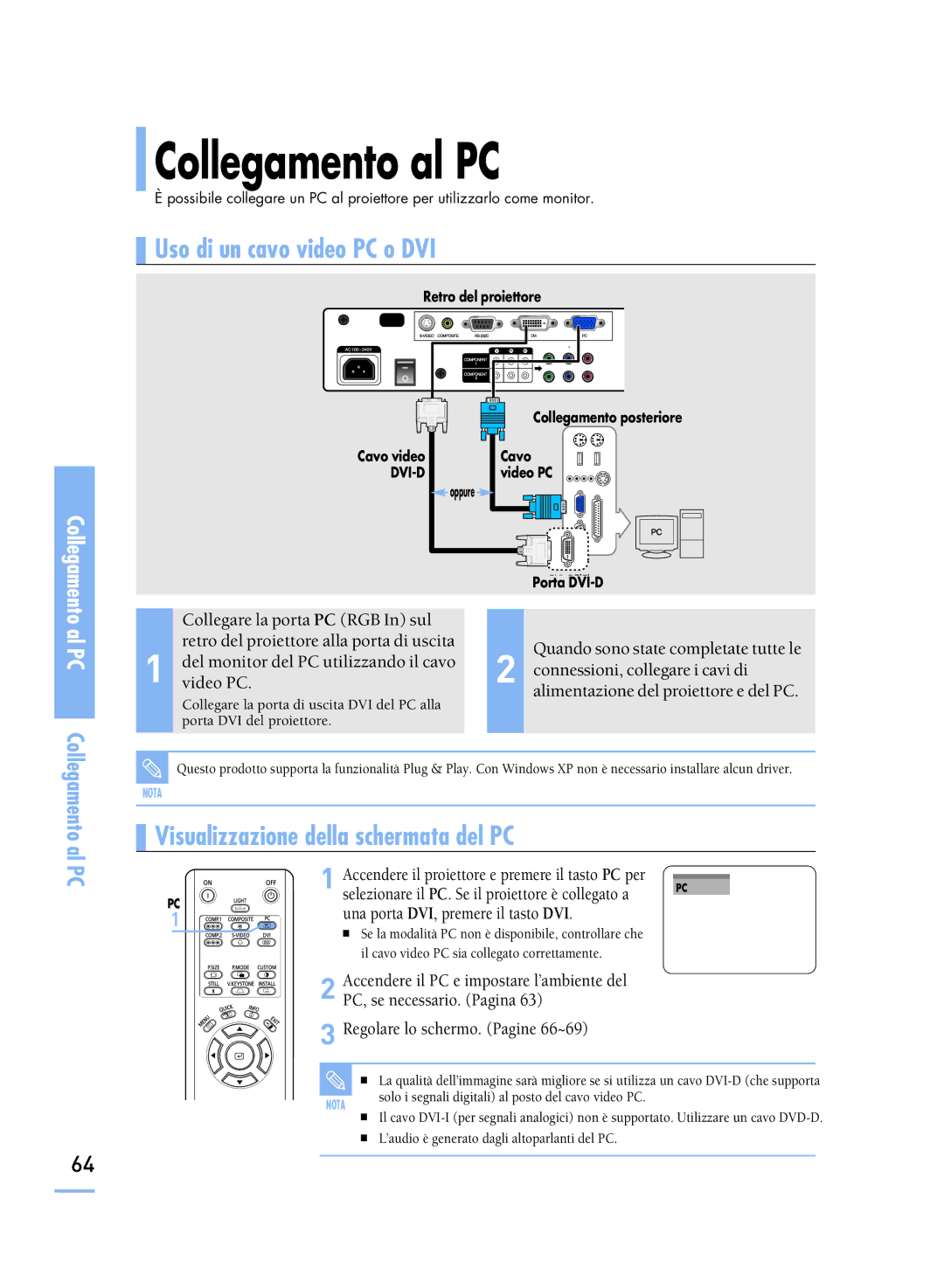 Samsung SPH800BEMX/EDC manual Collegamento al PC, Uso di un cavo video PC o DVI 