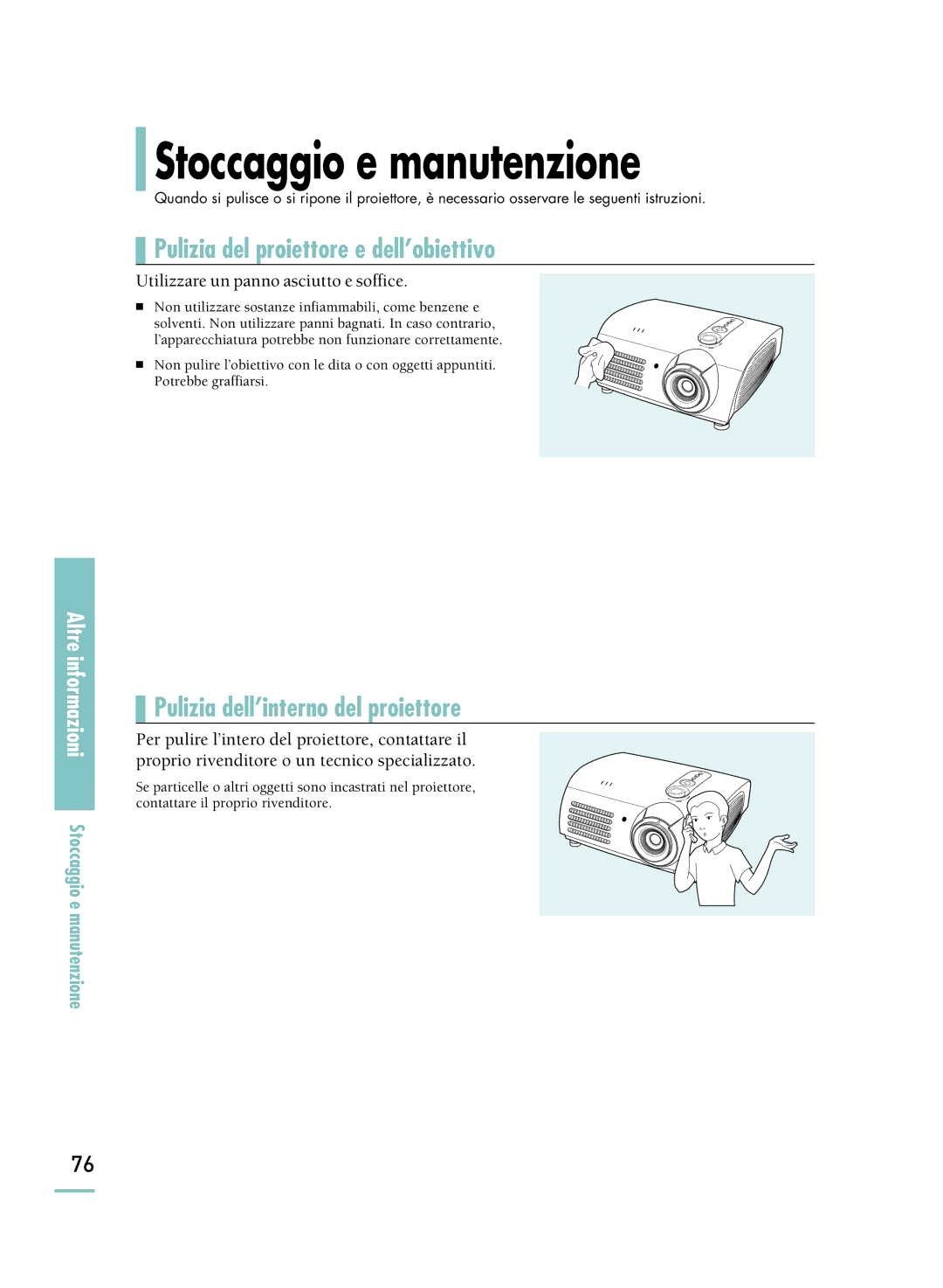 Samsung SPH800BEMX/EDC manual Stoccaggio e manutenzione, Pulizia del proiettore e dell’obiettivo 