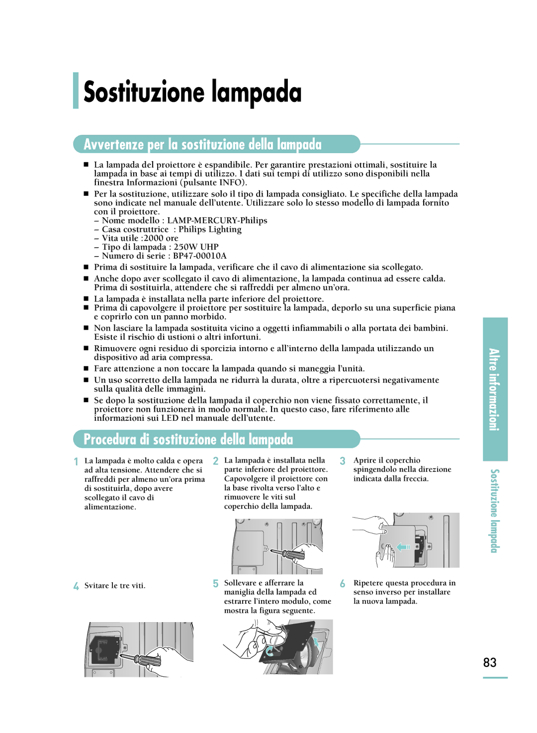 Samsung SPH800BEMX/EDC manual Sostituzione lampada, Procedura di sostituzione della lampada 