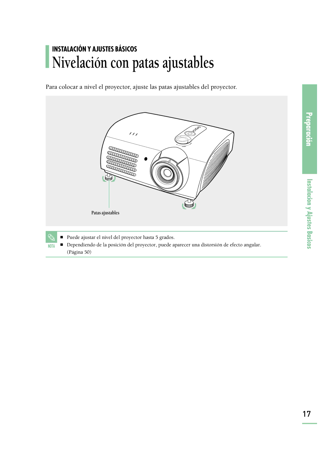 Samsung SPH800BEMX/EDC manual Puede ajustar el nivel del proyector hasta 5 grados, Página 