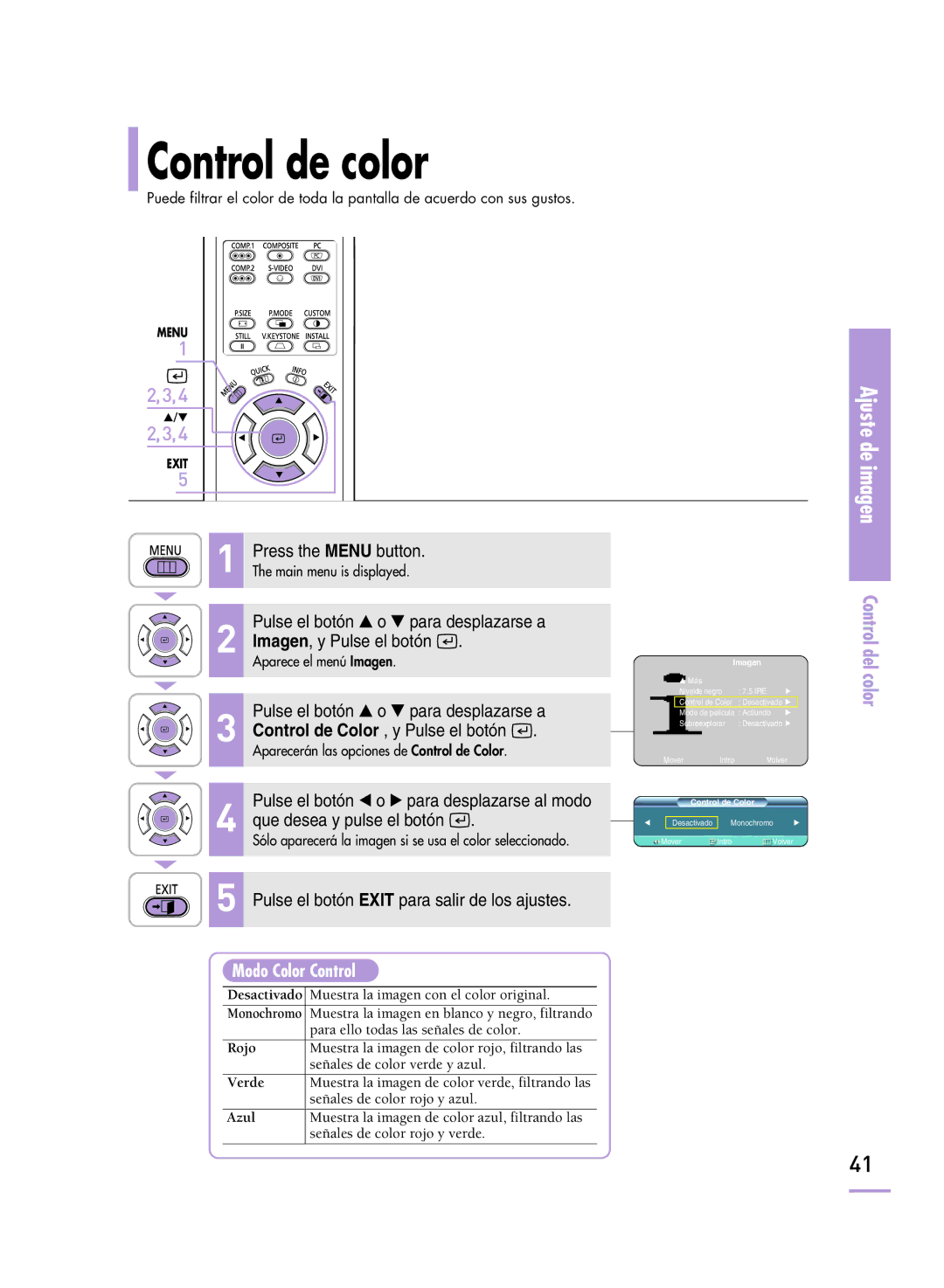 Samsung SPH800BEMX/EDC manual Control de color, Control del color, Press the Menu button, Modo Color Control 