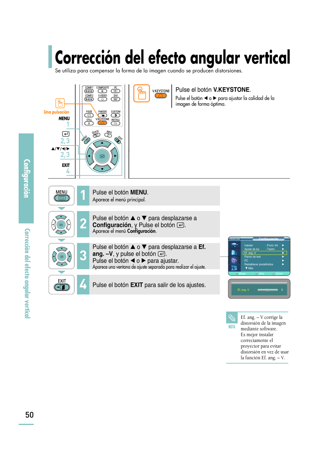 Samsung SPH800BEMX/EDC manual Pulse el botón V.KEYSTONE, Ef. ang. V corrige la distorsión de la imagen 