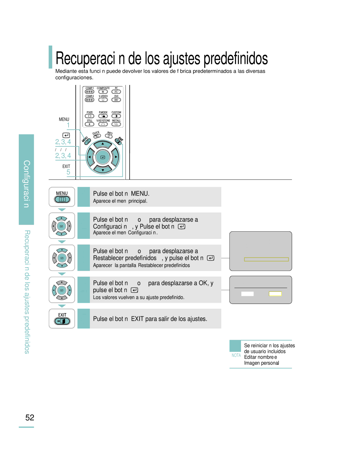 Samsung SPH800BEMX/EDC manual Recuperación de los ajustes predefinidos 