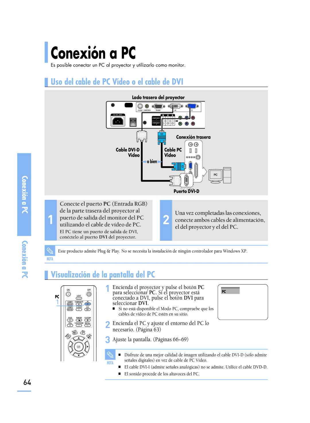 Samsung SPH800BEMX/EDC manual Conexión a PC, Uso del cable de PC Vídeo o el cable de DVI 