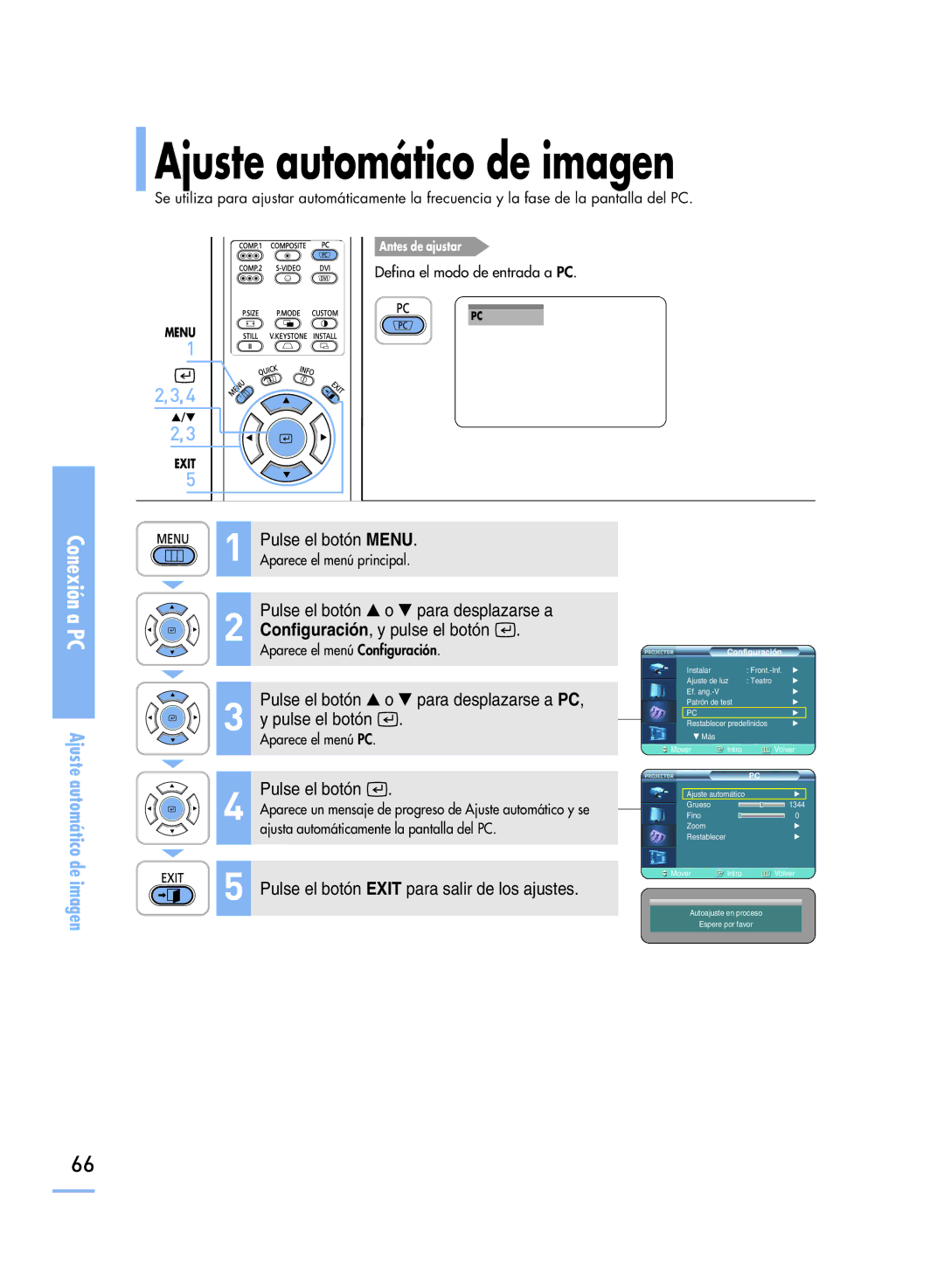 Samsung SPH800BEMX/EDC manual Ajuste automático de imagen, Pulse el botón o para desplazarse a PC, y pulse el botón 