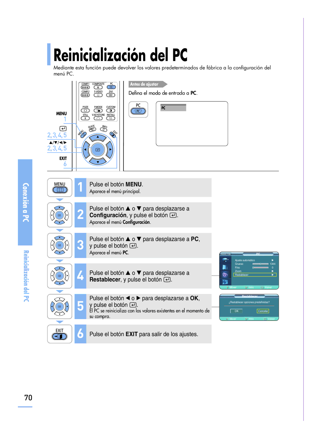 Samsung SPH800BEMX/EDC manual Reinicialización del PC, Pulse el botón o para desplazarse a PC 