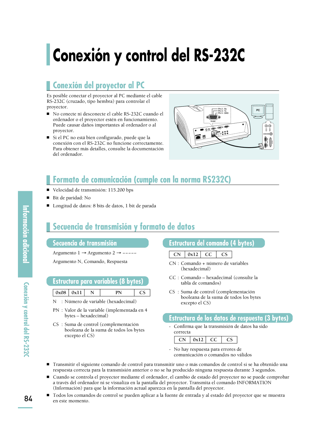 Samsung SPH800BEMX/EDC manual Conexión y control del RS-232C, Estructura de los datos de respuesta 3 bytes 