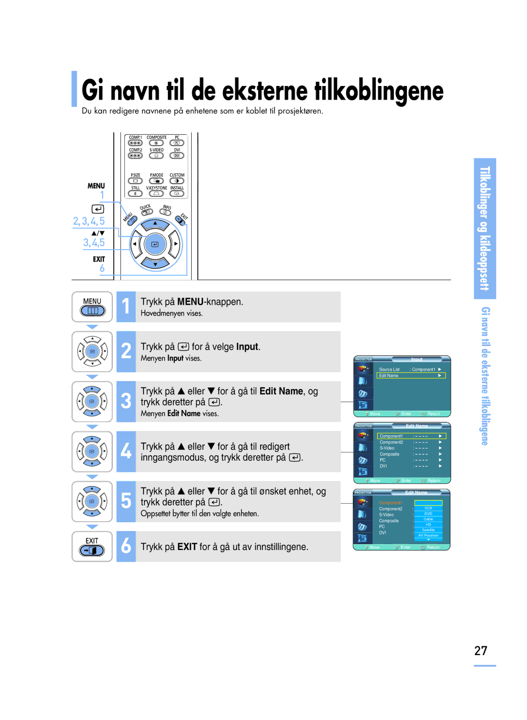 Samsung SPH800BEMX/EDC manual Gi navn til de eksterne tilkoblingene 