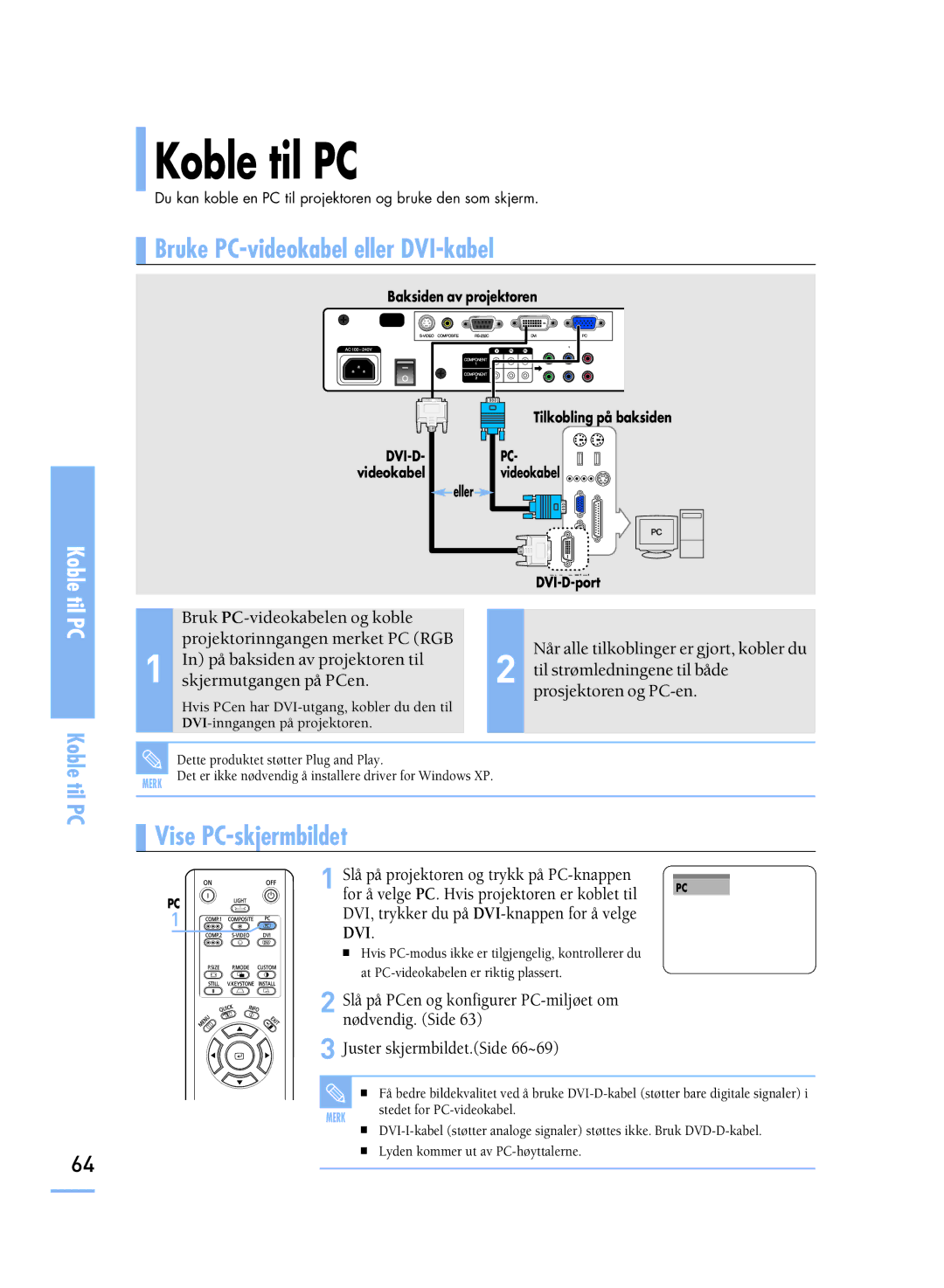 Samsung SPH800BEMX/EDC manual Koble til PC, Bruke PC-videokabel eller DVI-kabel 