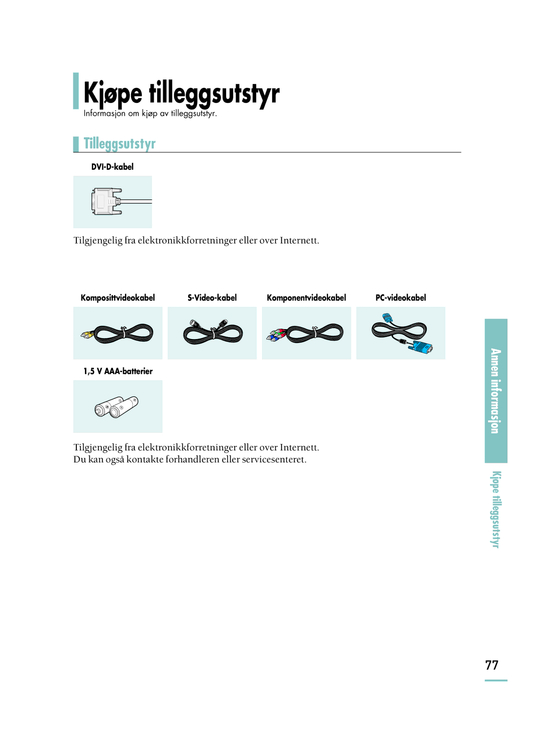 Samsung SPH800BEMX/EDC manual Kjøpe tilleggsutstyr, Tilleggsutstyr 