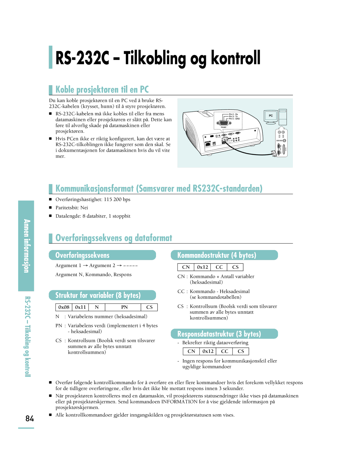 Samsung SPH800BEMX/EDC manual RS-232C Tilkobling og kontroll 