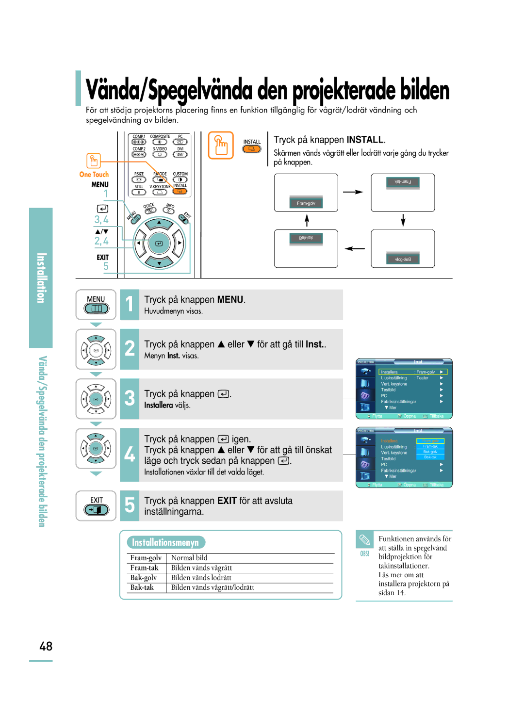 Samsung SPH800BEMX/EDC manual Vända/Spegelvända den projekterade bilden, Installationsmenyn 