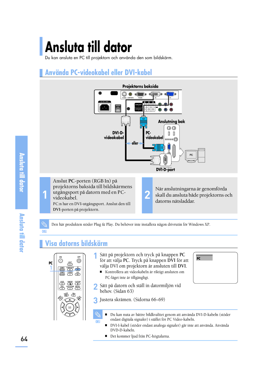 Samsung SPH800BEMX/EDC manual Ansluta till dator, Använda PC-videokabel eller DVI-kabel 