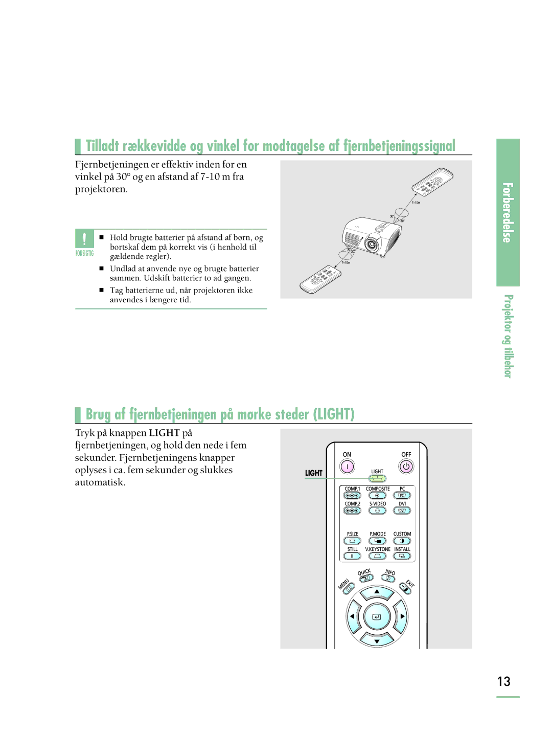 Samsung SPH800BEMX/EDC manual Brug af fjernbetjeningen på mørke steder Light 