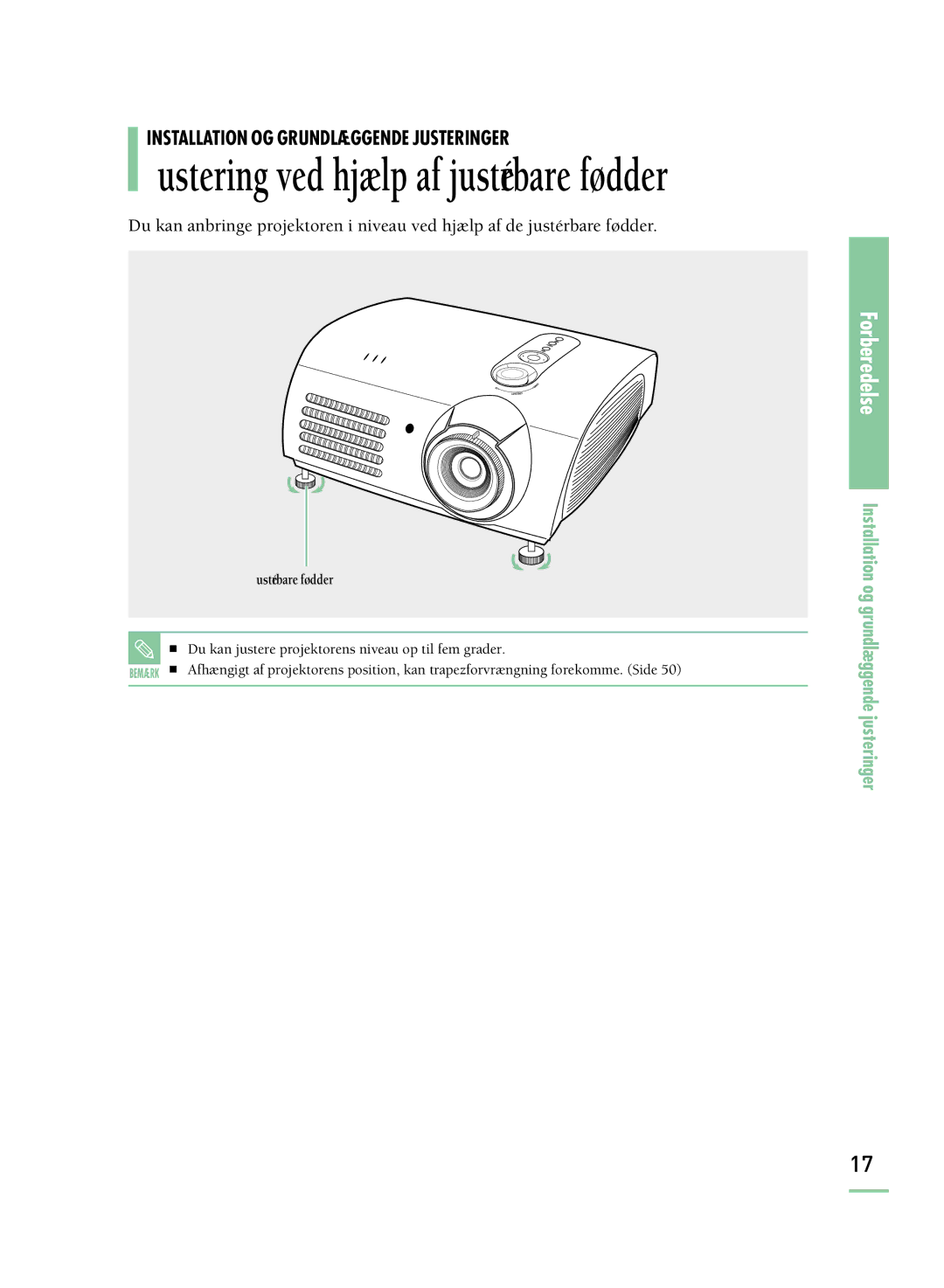 Samsung SPH800BEMX/EDC manual Justering ved hjælp af justérbare fødder 