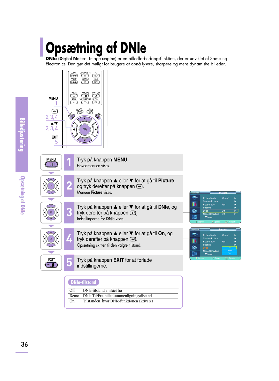 Samsung SPH800BEMX/EDC manual Opsætning af DNIe, DNIe-tilstand 