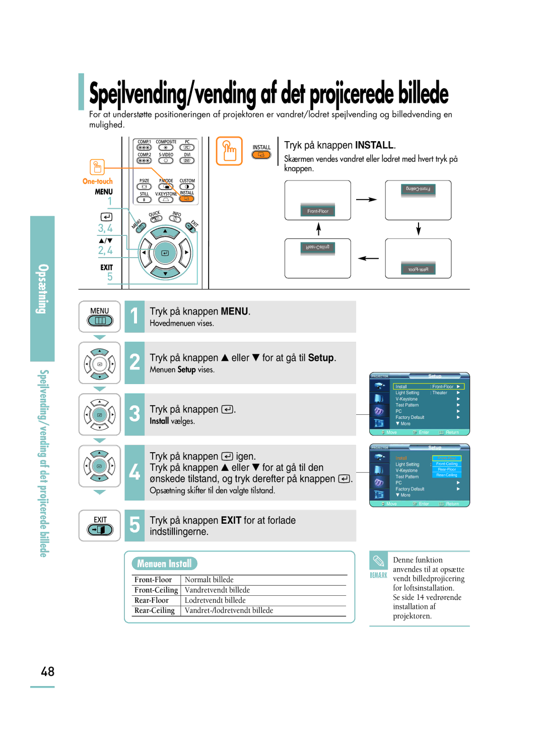 Samsung SPH800BEMX/EDC manual Spejlvending/vending af det projicerede billede, Menuen Install 