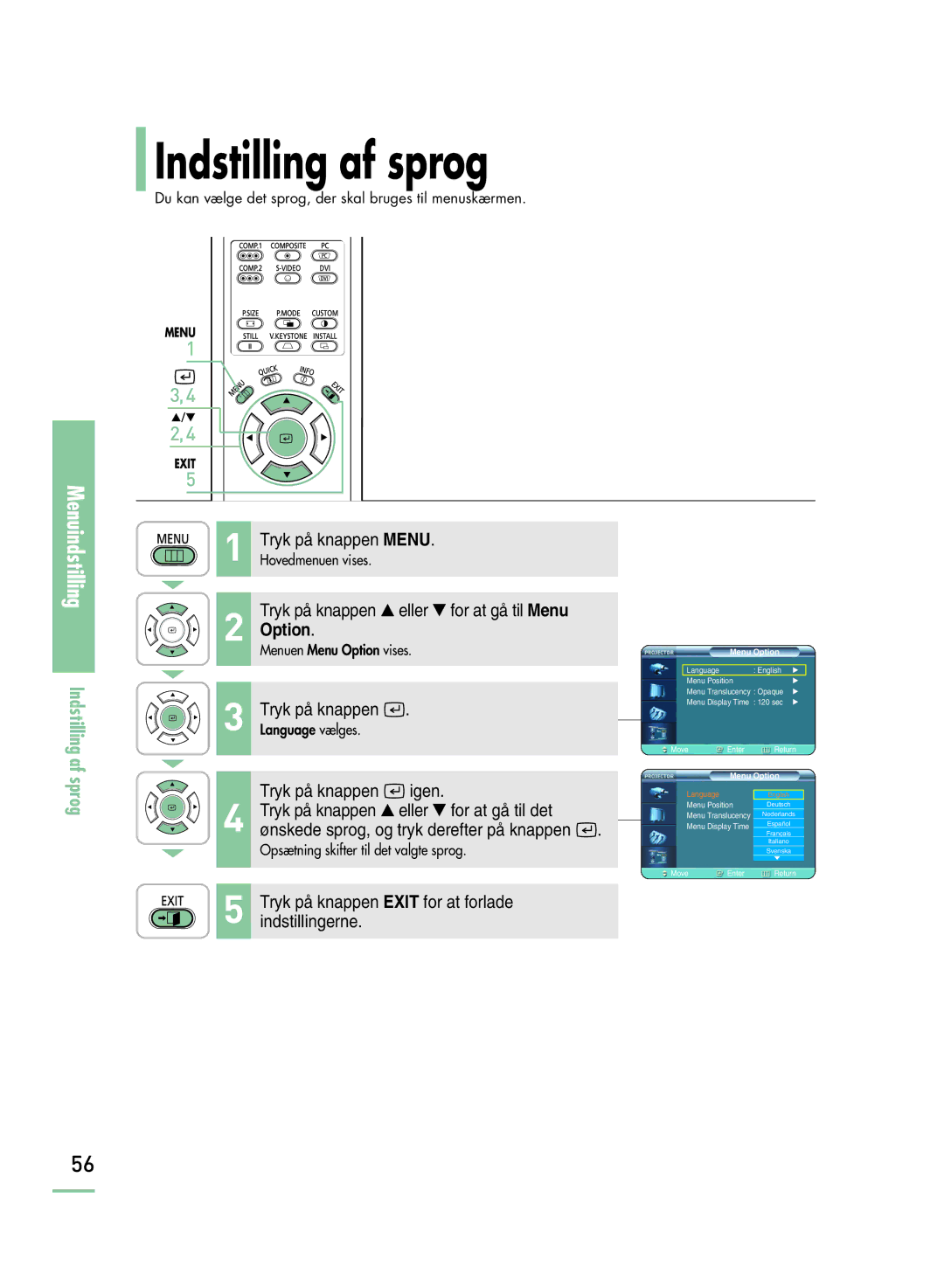 Samsung SPH800BEMX/EDC manual Indstilling af sprog, Menuindstilling 