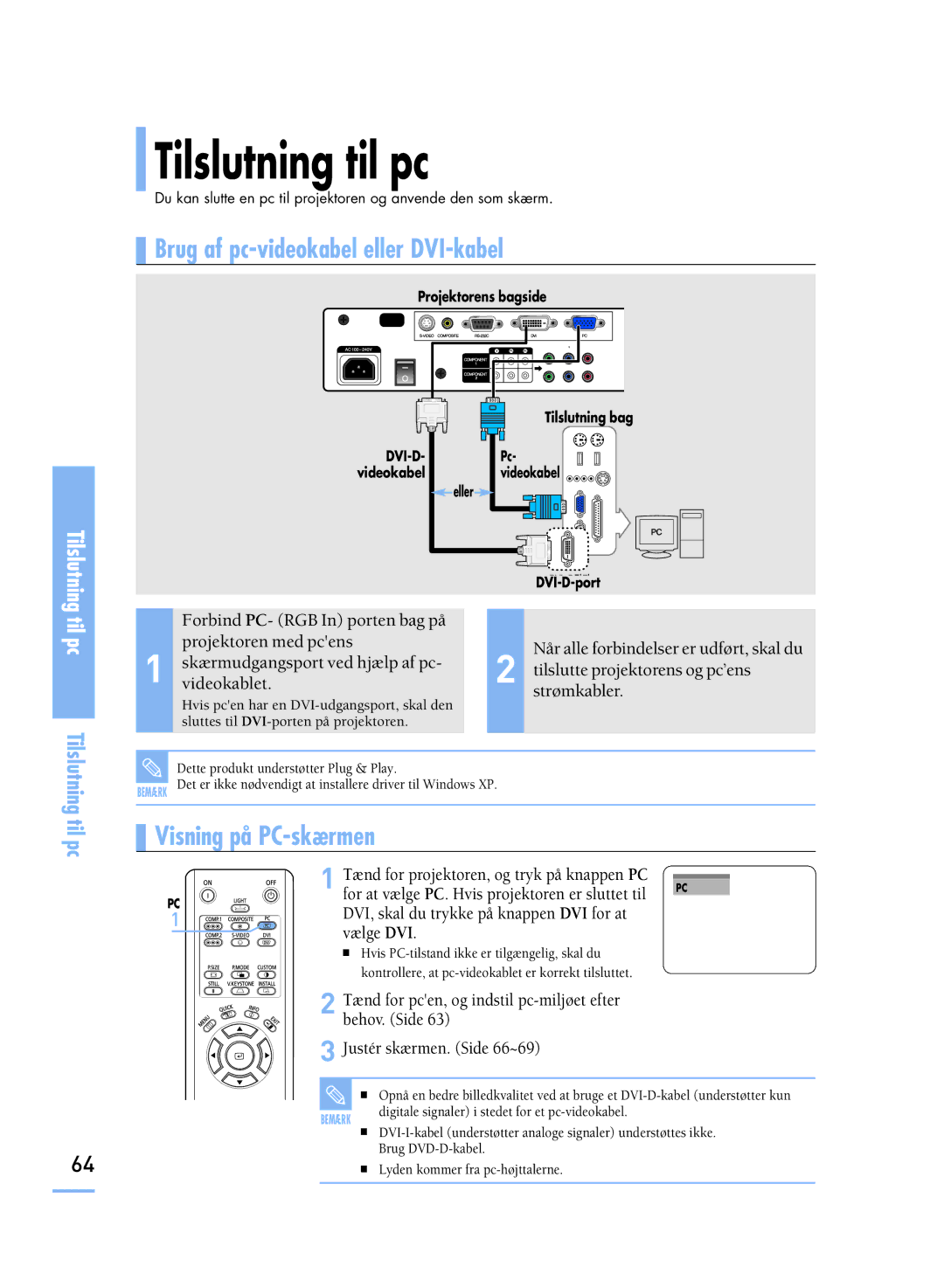 Samsung SPH800BEMX/EDC manual Tilslutning til pc, Brug af pc-videokabel eller DVI-kabel 