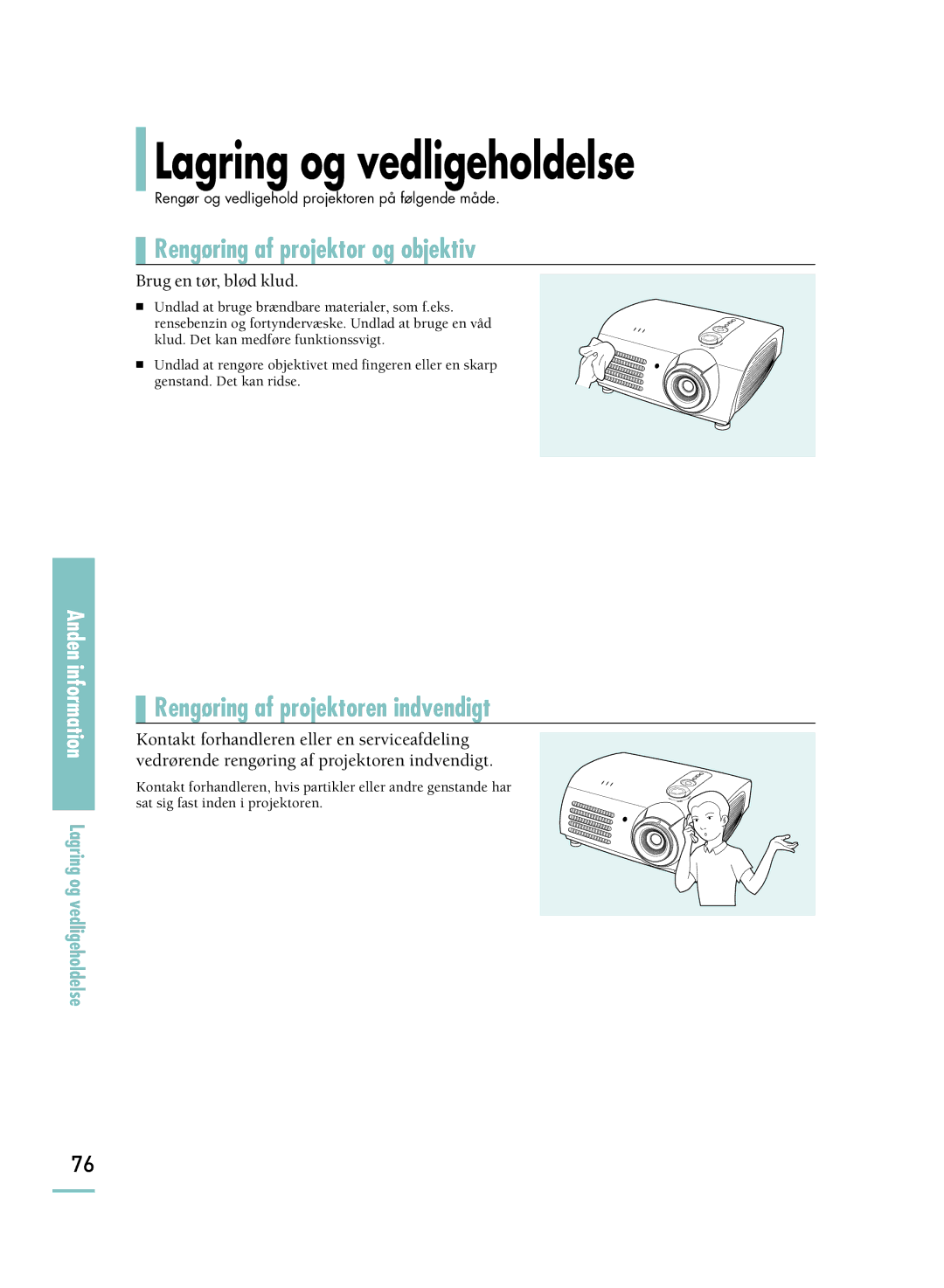 Samsung SPH800BEMX/EDC manual Lagring og vedligeholdelse, Rengøring af projektor og objektiv 