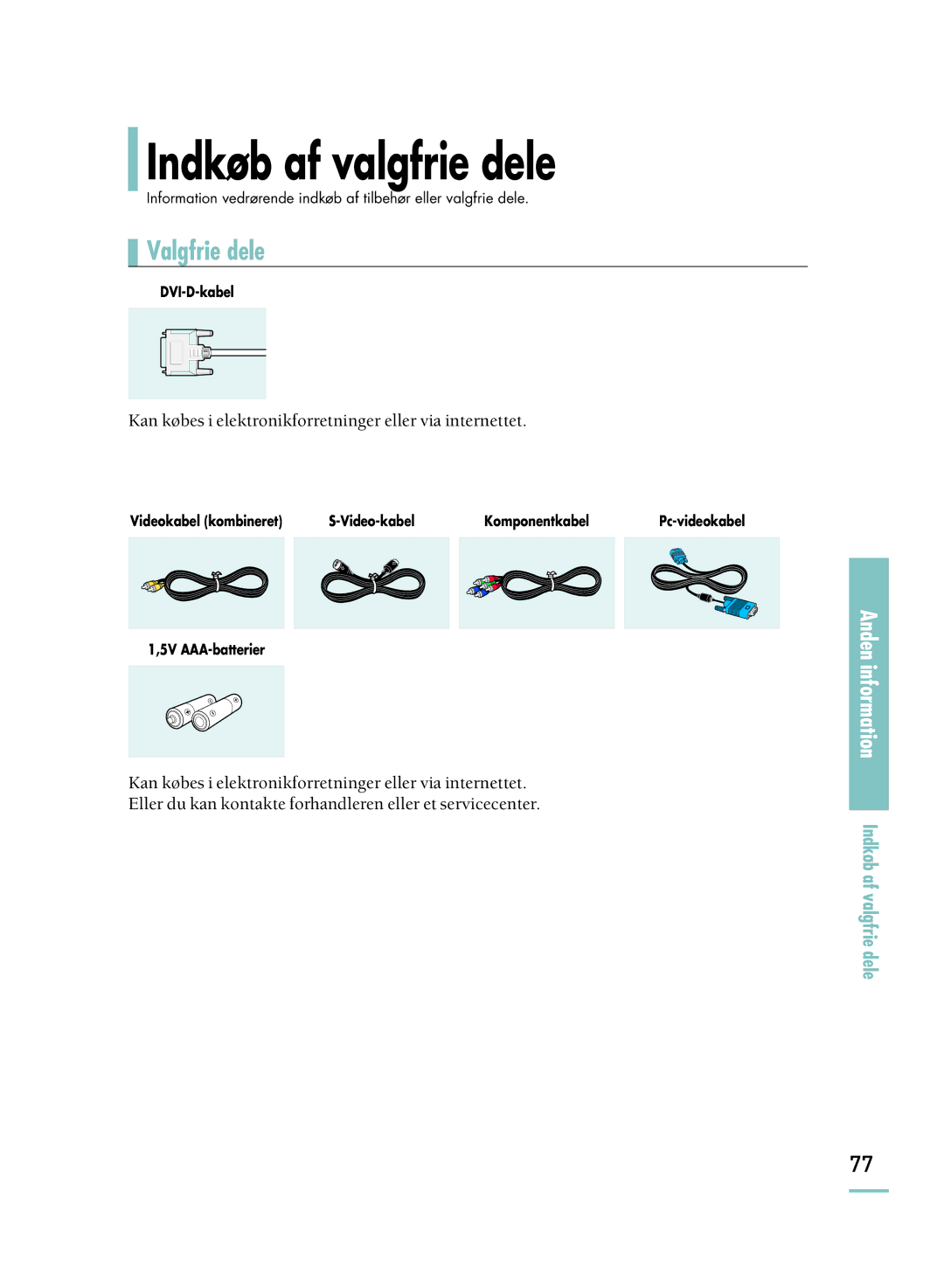 Samsung SPH800BEMX/EDC manual Indkøb af valgfrie dele, Valgfrie dele 