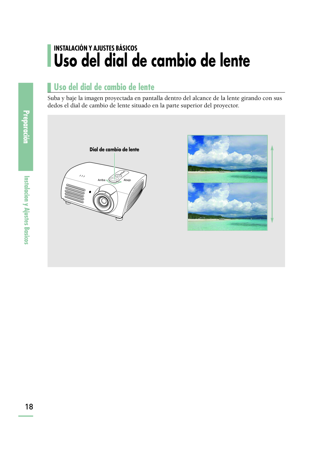 Samsung SPH800BEMX/EDC manual Uso del dial de cambio de lente, Preparación, Instalacion y Ajustes Basicos, Arriba 