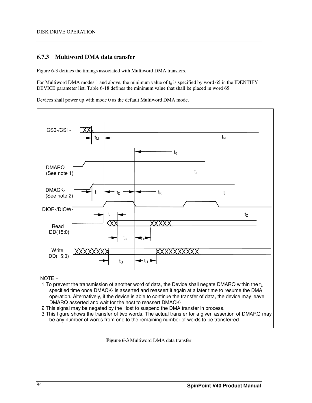 Samsung spinpoint v40, 3.5" hard disk drives manual Multiword DMA data transfer, Dior-/Diow 