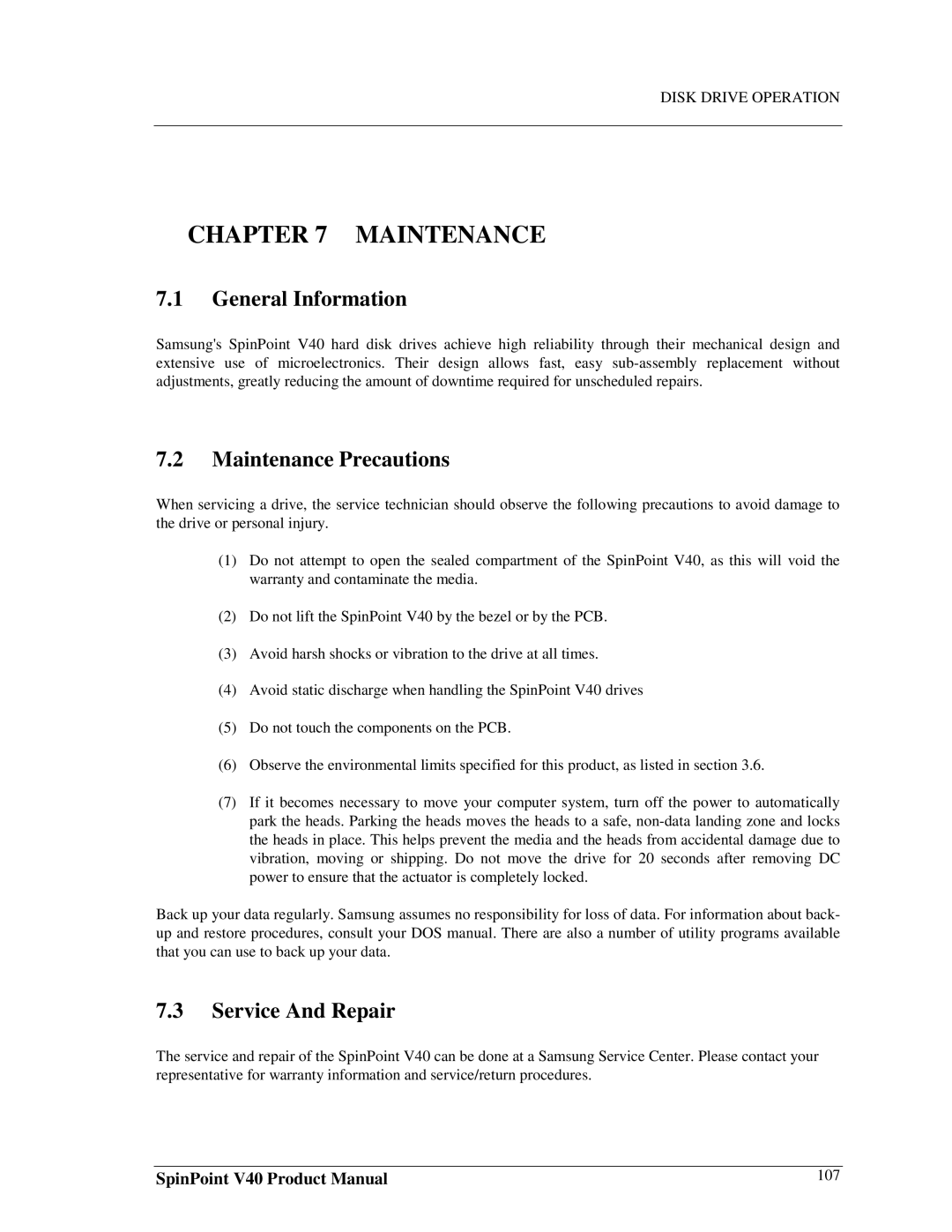 Samsung 3.5" hard disk drives, spinpoint v40 manual General Information, Maintenance Precautions, Service And Repair 