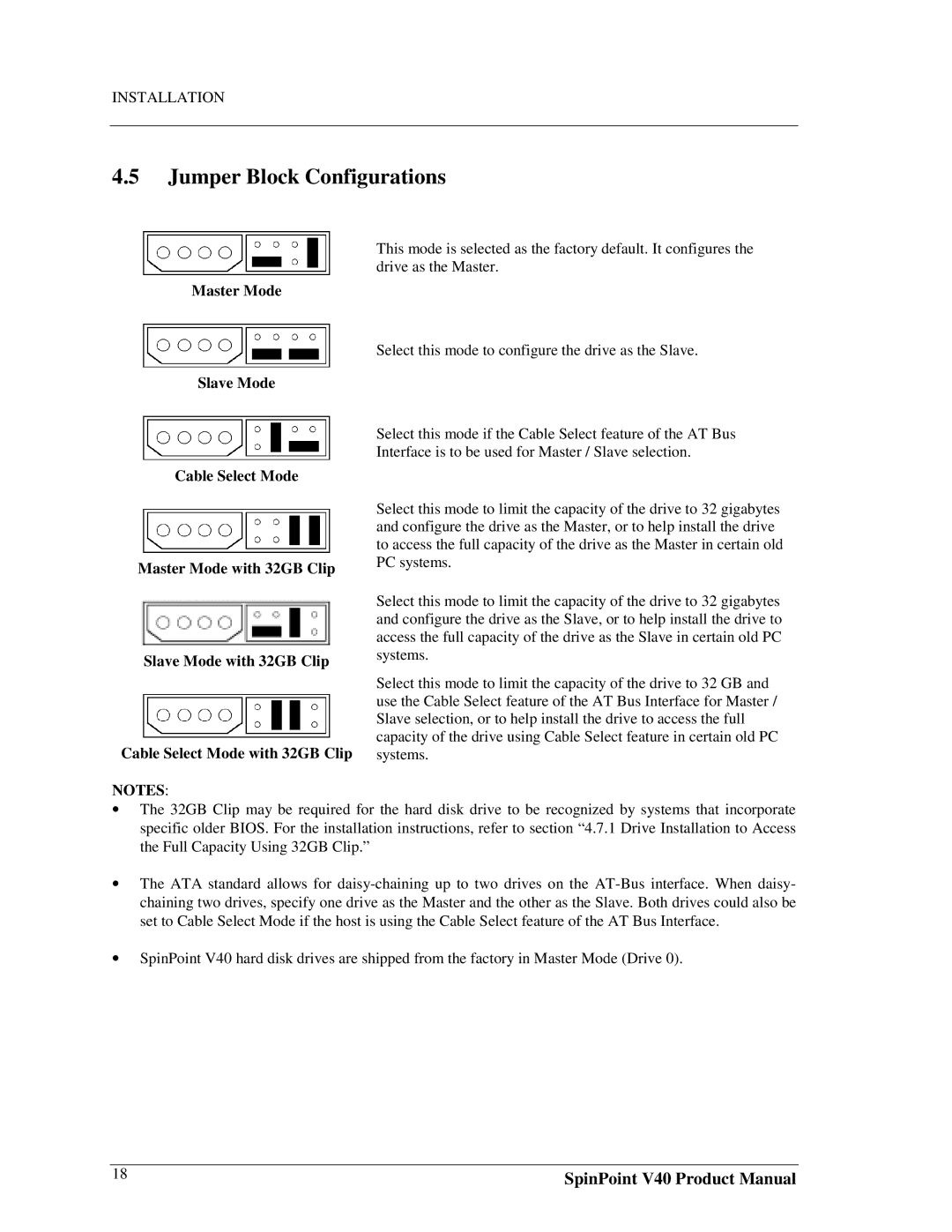 Samsung spinpoint v40, 3.5" hard disk drives manual Jumper Block Configurations 