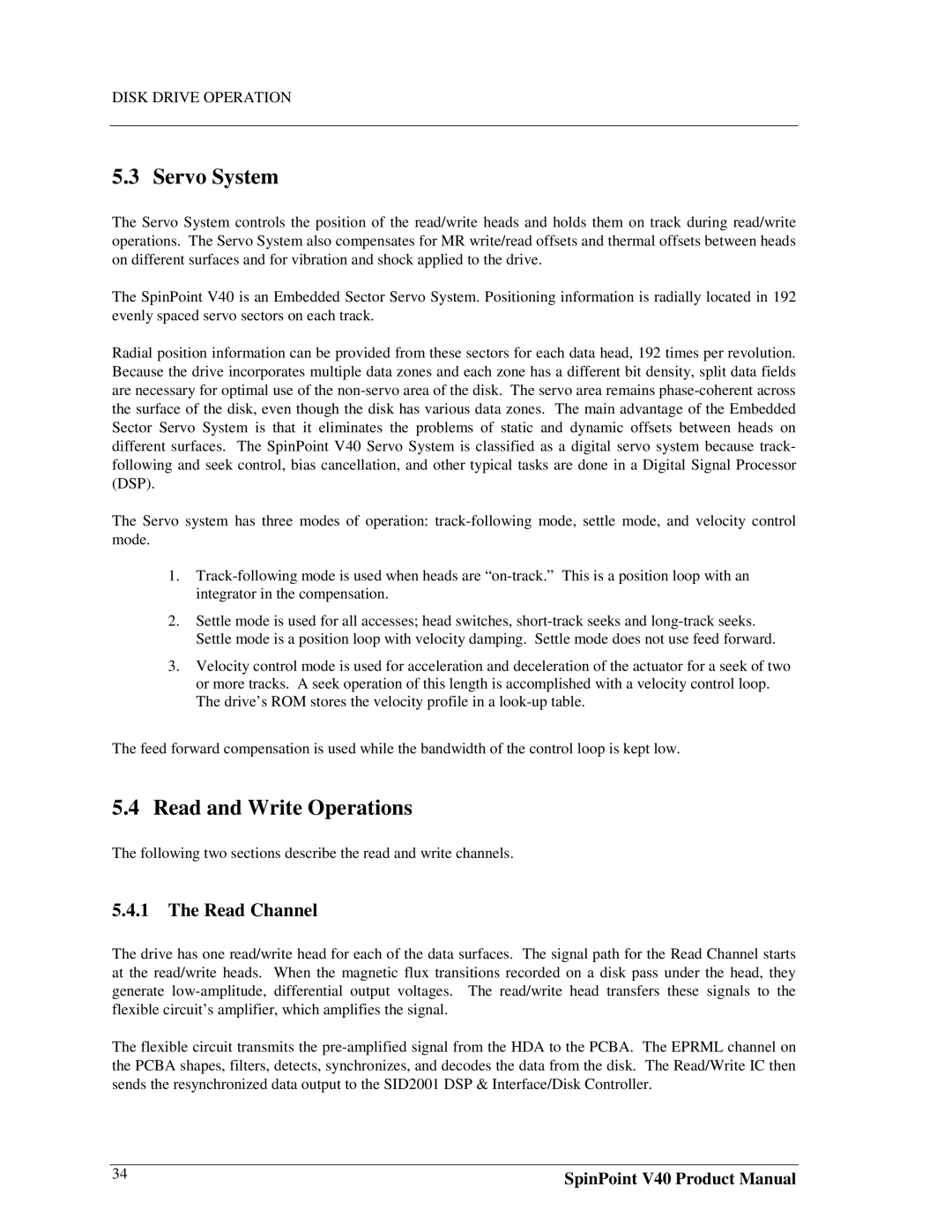 Samsung spinpoint v40, 3.5 hard disk drives manual Servo System, Read and Write Operations, Read Channel 