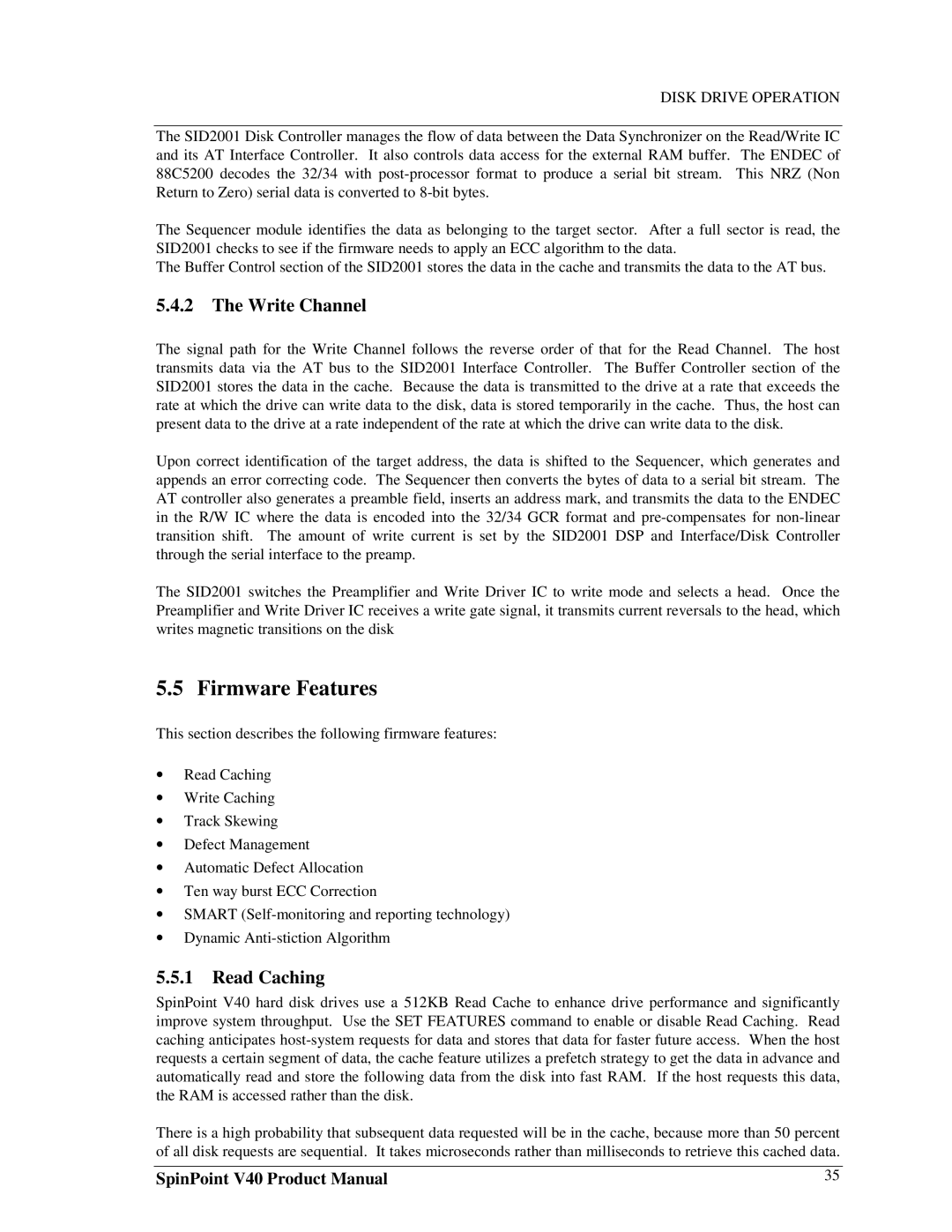 Samsung 3.5 hard disk drives, spinpoint v40 manual Firmware Features, Write Channel, Read Caching 