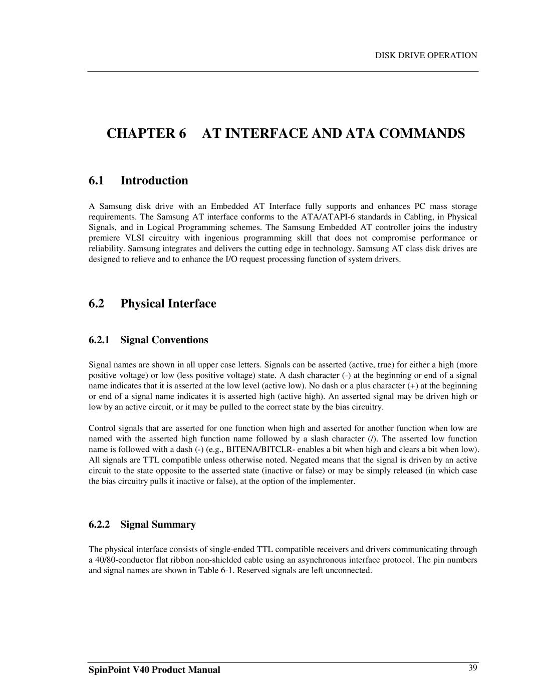 Samsung 3.5" hard disk drives, spinpoint v40 manual Physical Interface, Signal Conventions, Signal Summary 