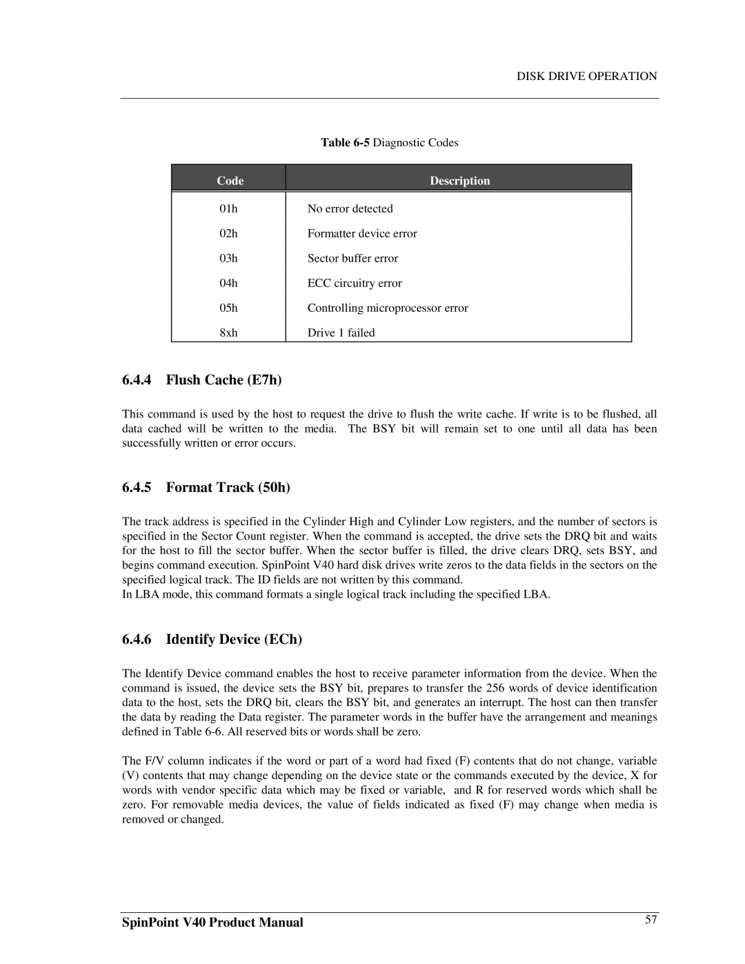 Samsung 3.5" hard disk drives, spinpoint v40 manual Flush Cache E7h, Format Track 50h, Identify Device ECh 