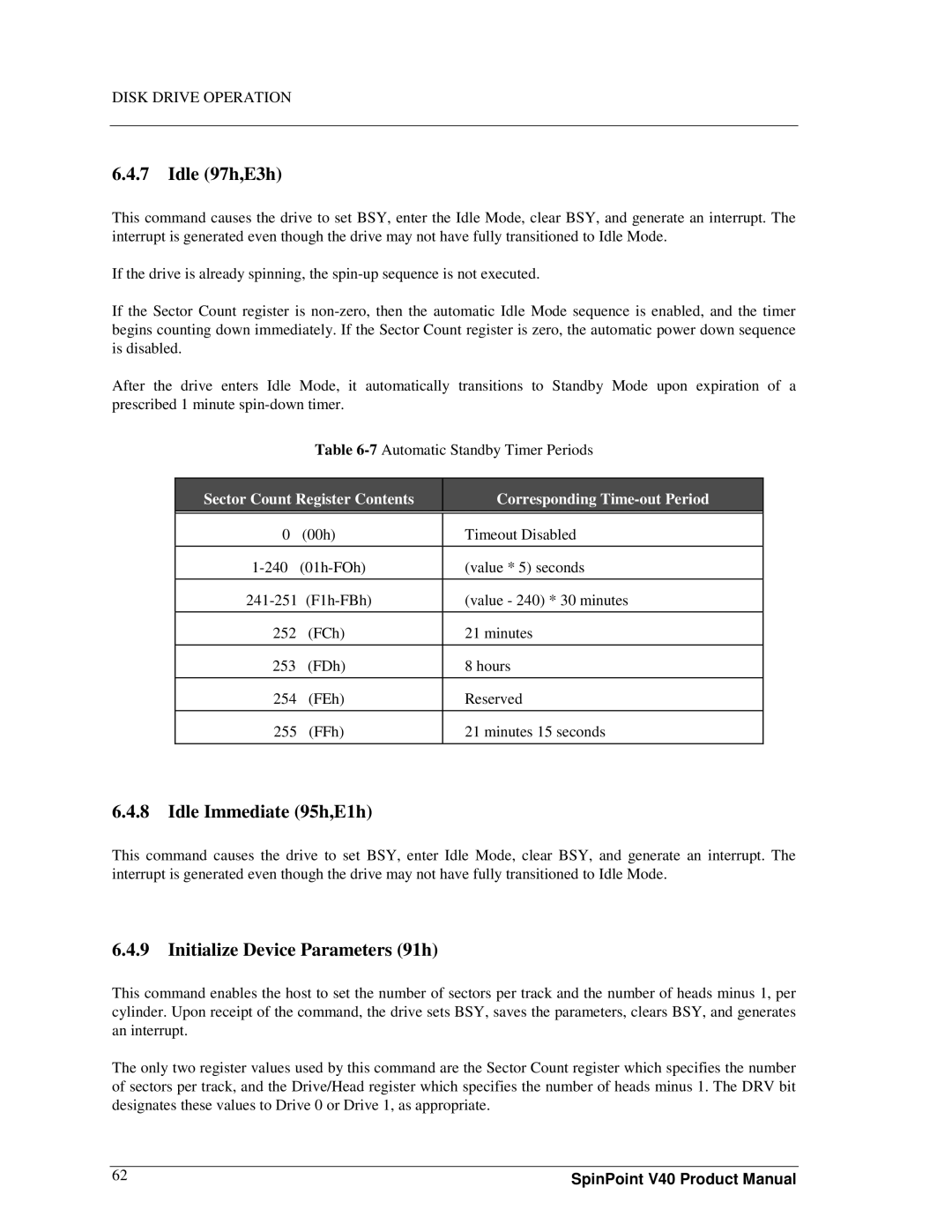 Samsung spinpoint v40, 3.5" hard disk drives manual Idle 97h,E3h, Idle Immediate 95h,E1h, Initialize Device Parameters 91h 