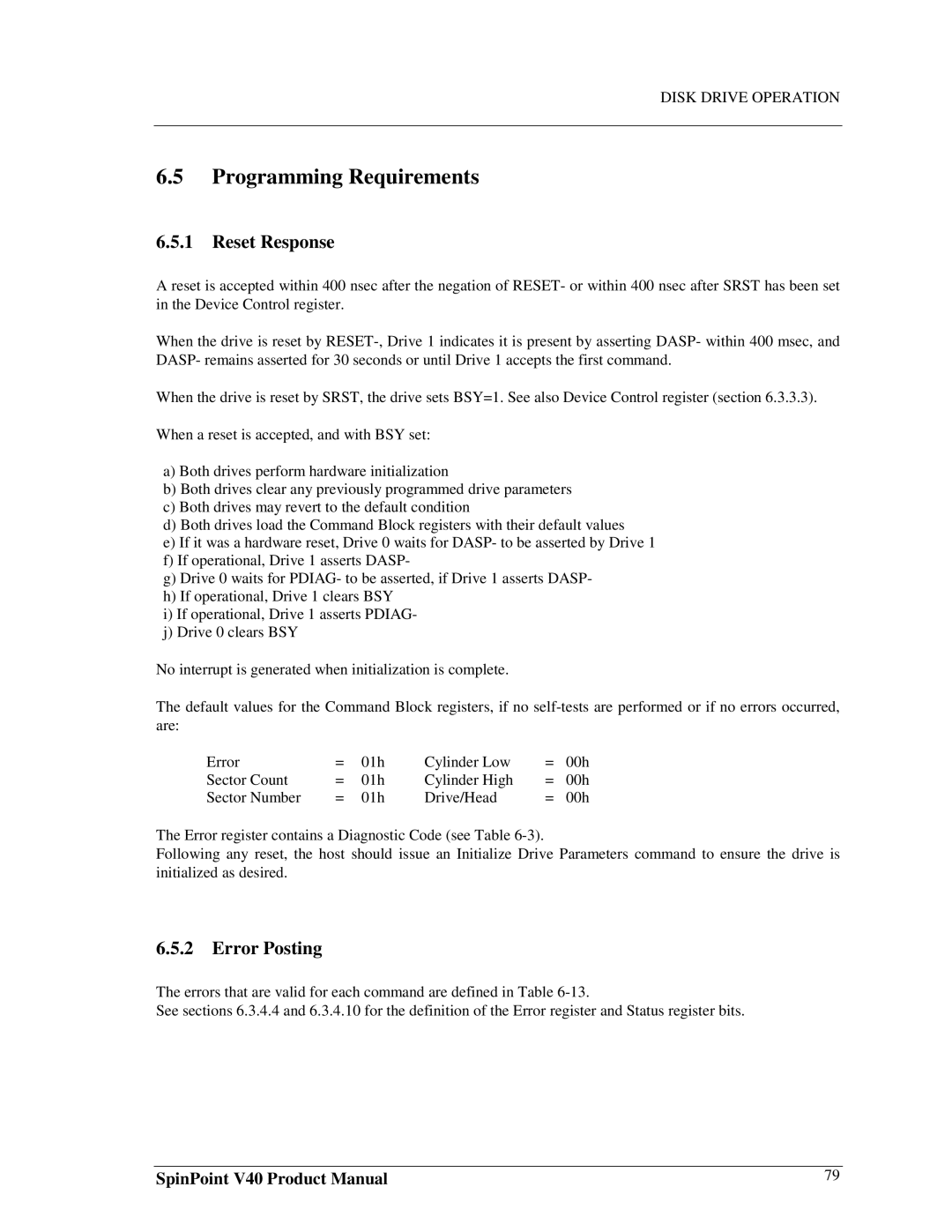 Samsung 3.5" hard disk drives, spinpoint v40 manual Programming Requirements, Reset Response, Error Posting 