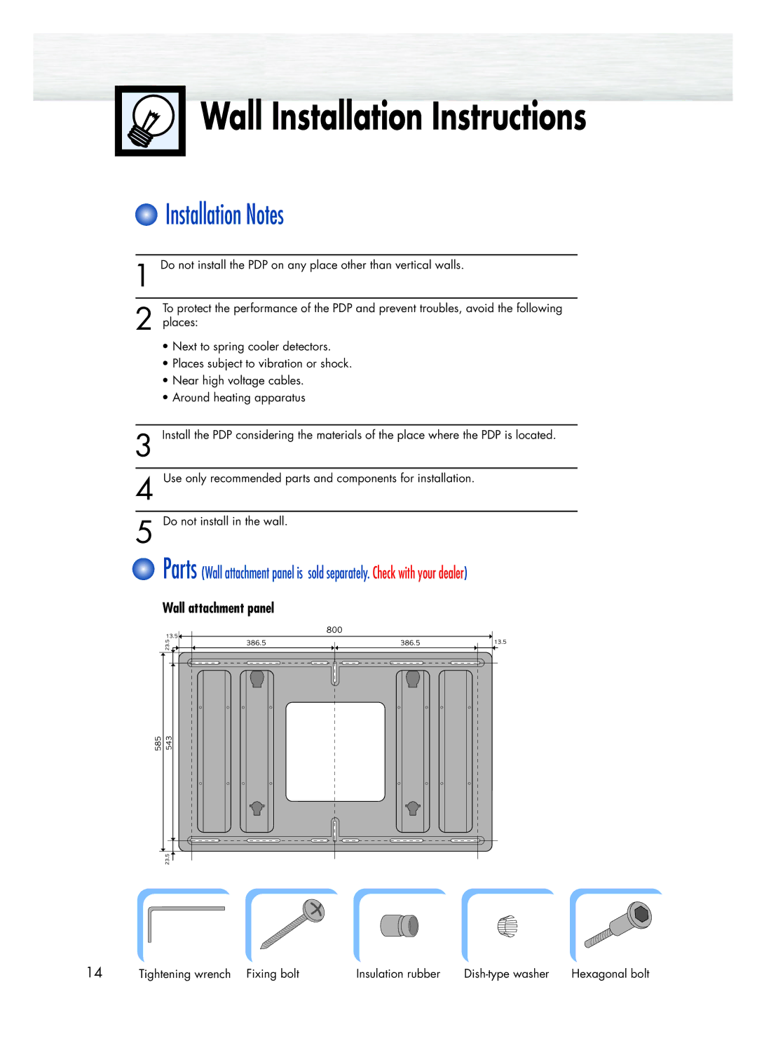 Samsung SPK4215M manual Installation Notes, Wall attachment panel 