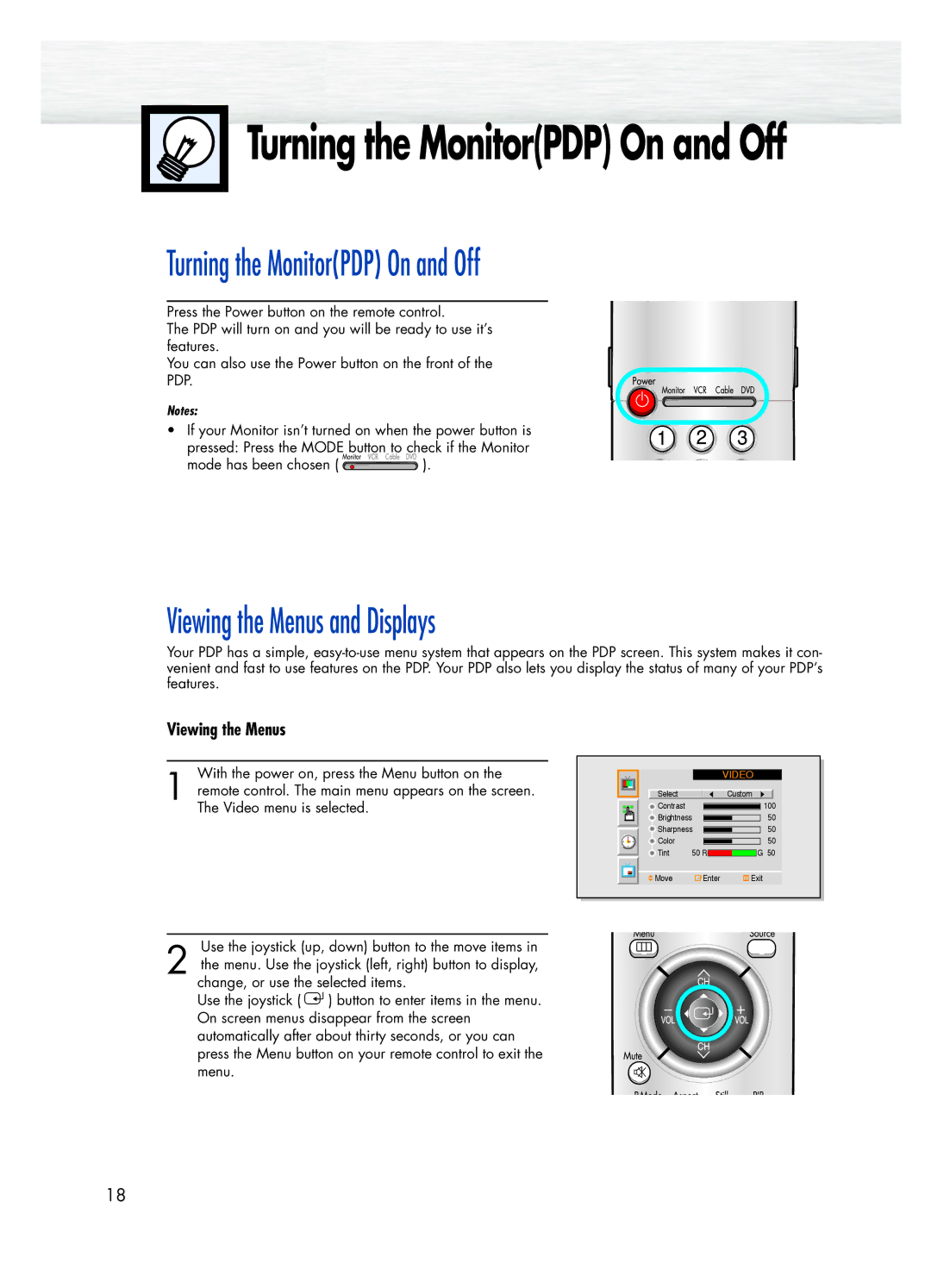 Samsung SPK4215M manual Turning the MonitorPDP On and Off, Viewing the Menus and Displays 