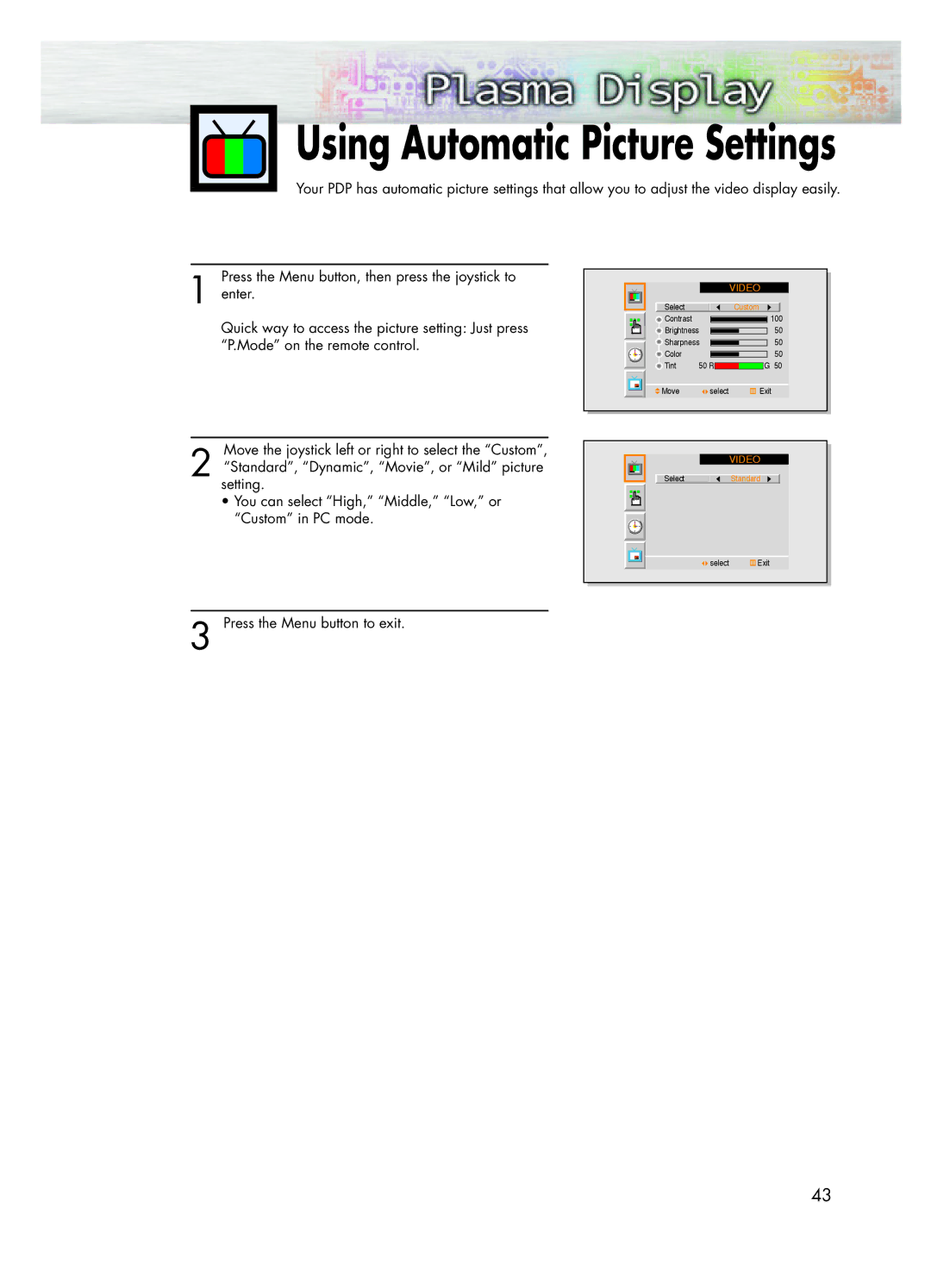 Samsung SPK4215M manual Using Automatic Picture Settings 