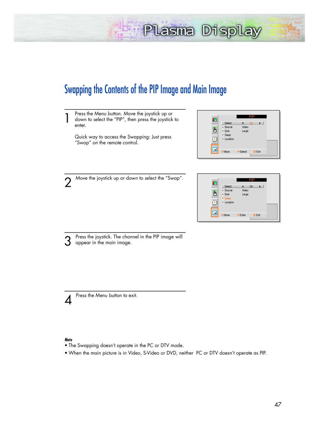 Samsung SPK4215M manual Swapping the Contents of the PIP Image and Main Image 