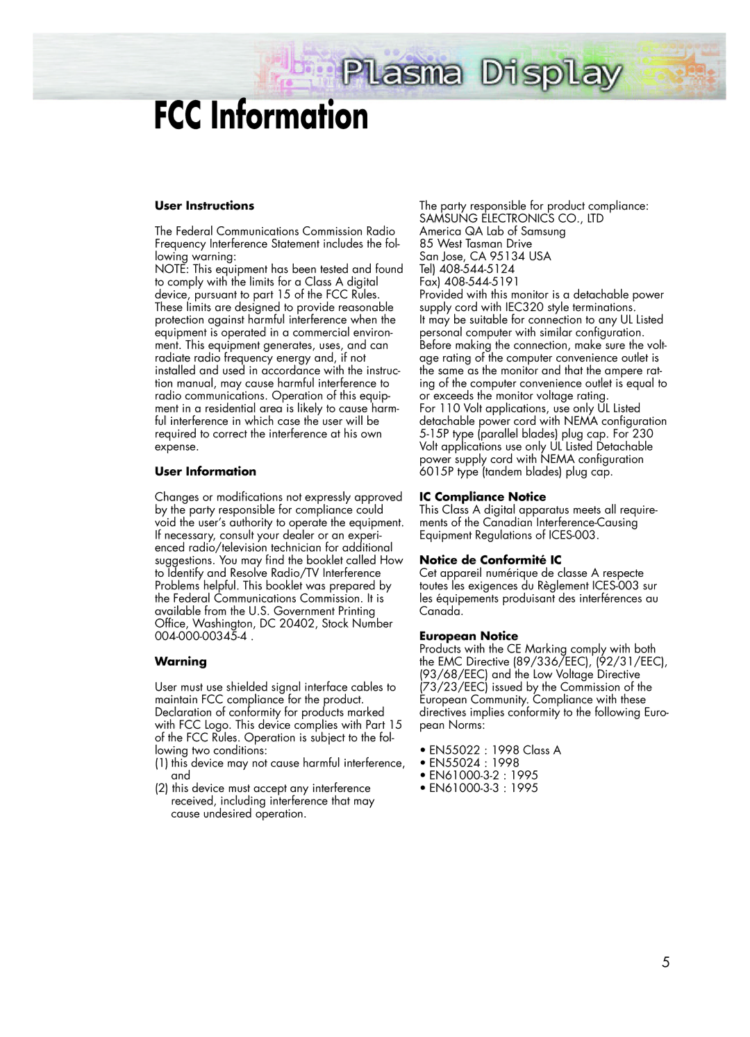 Samsung SPK4215M manual FCC Information, User Instructions 