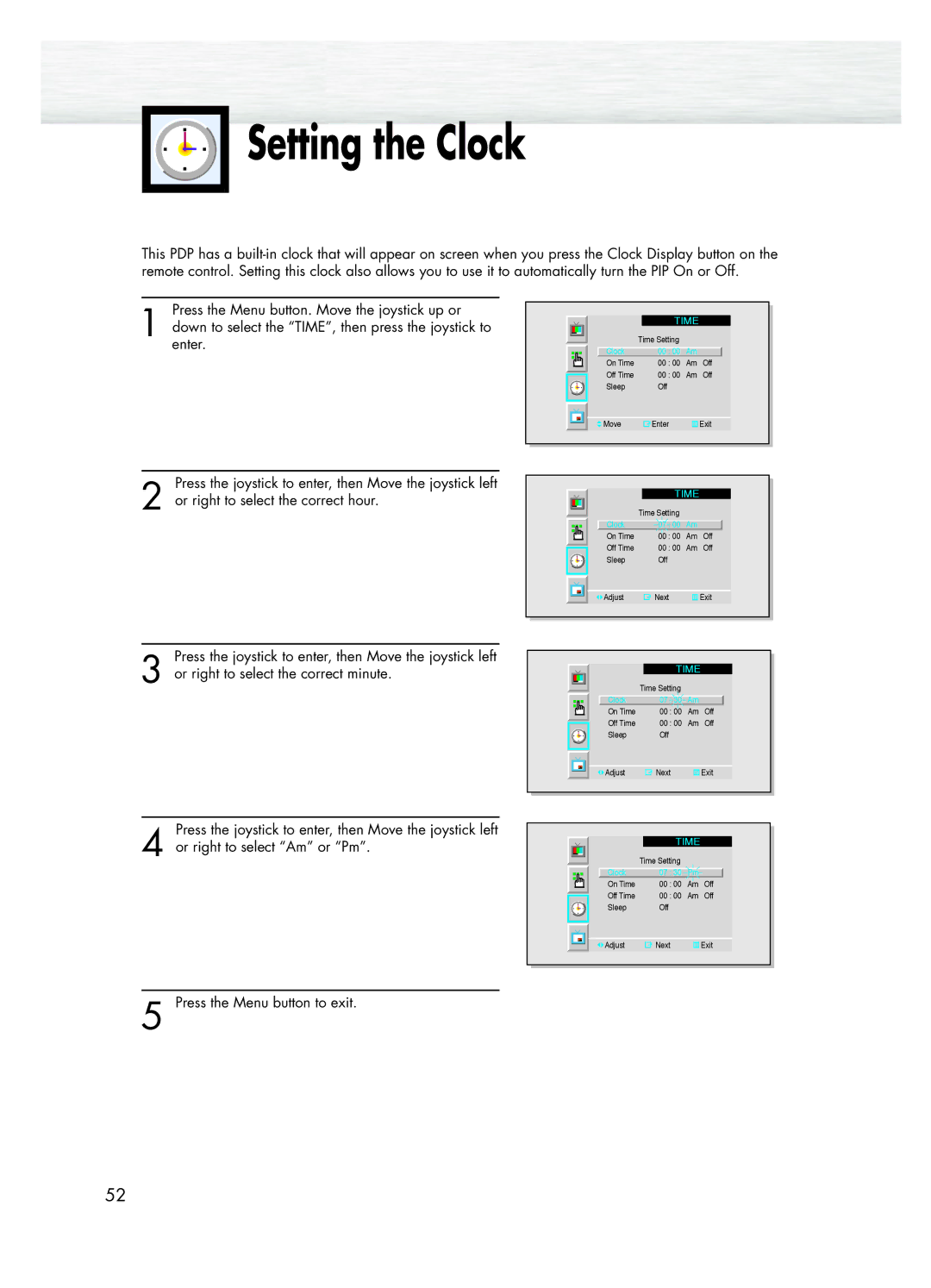 Samsung SPK4215M manual Setting the Clock, Time 