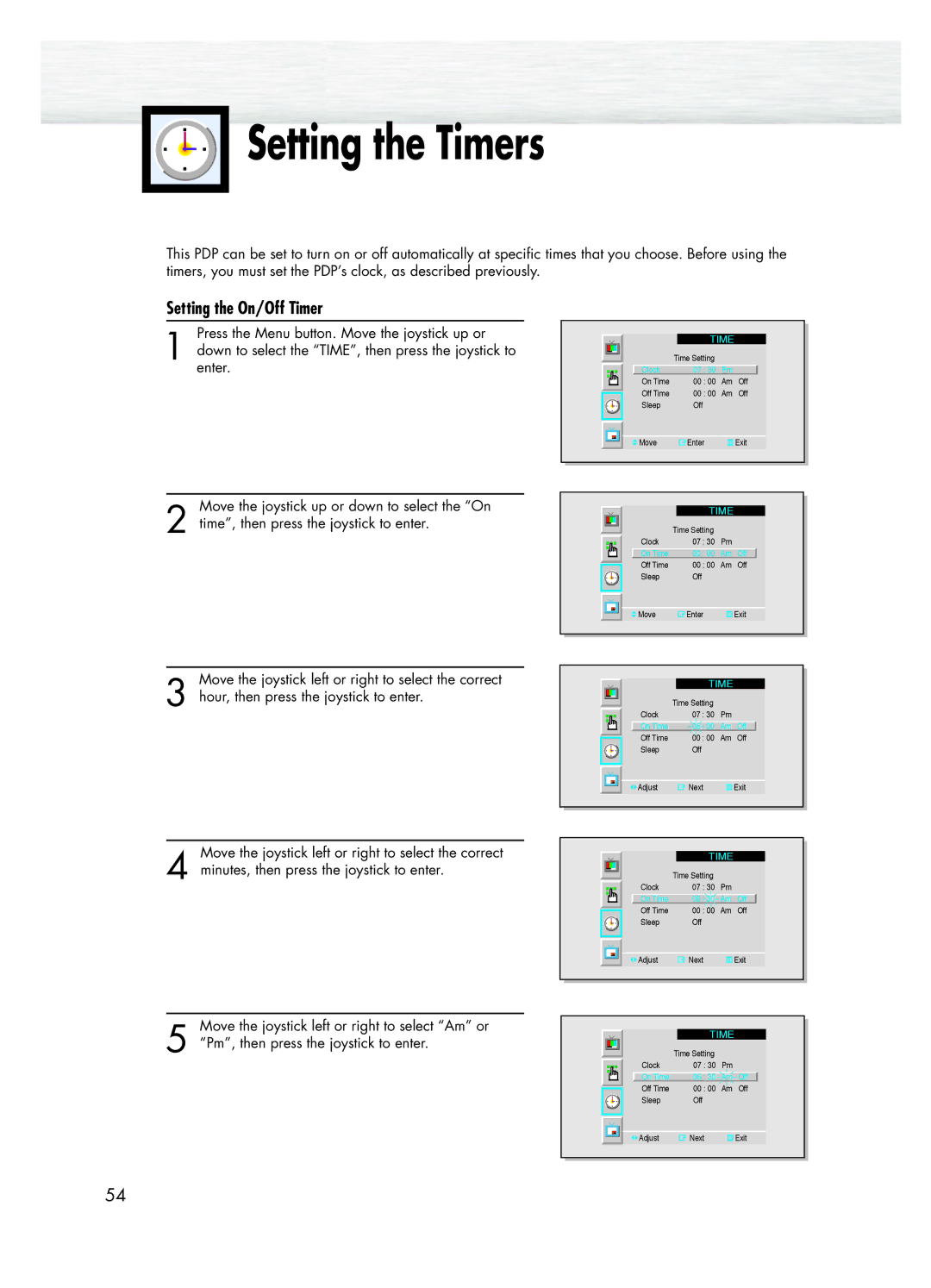 Samsung SPK4215M manual Setting the Timers, Setting the On/Off Timer 