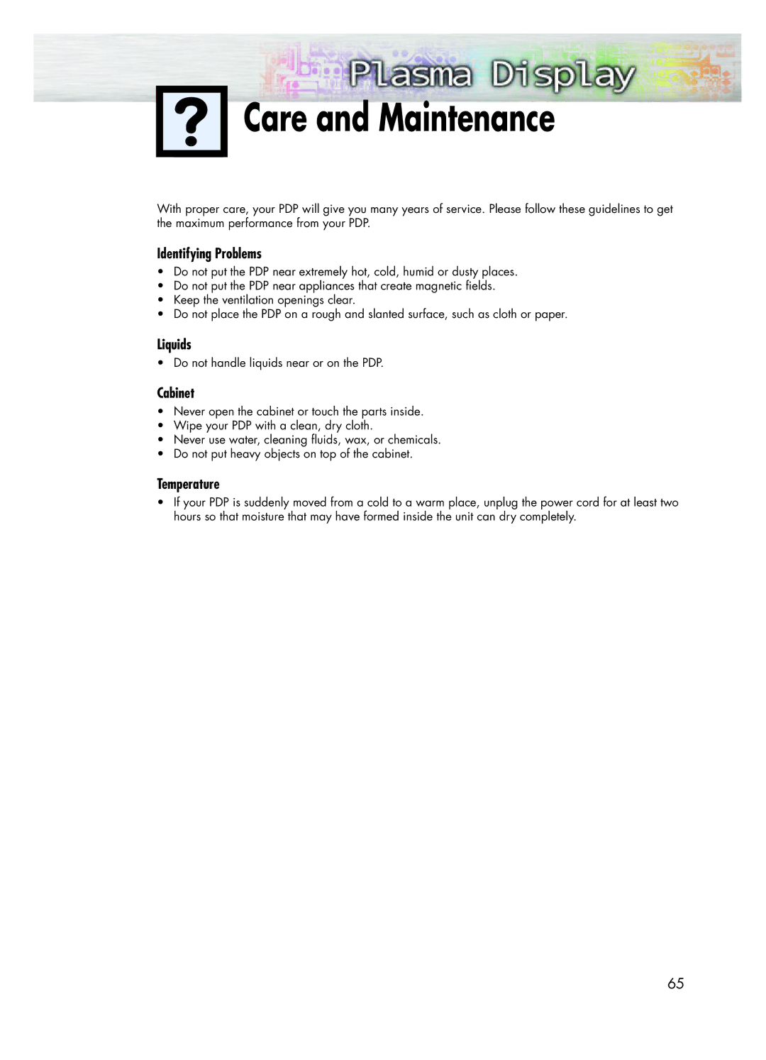 Samsung SPK4215M manual Care and Maintenance, Identifying Problems, Liquids, Cabinet, Temperature 