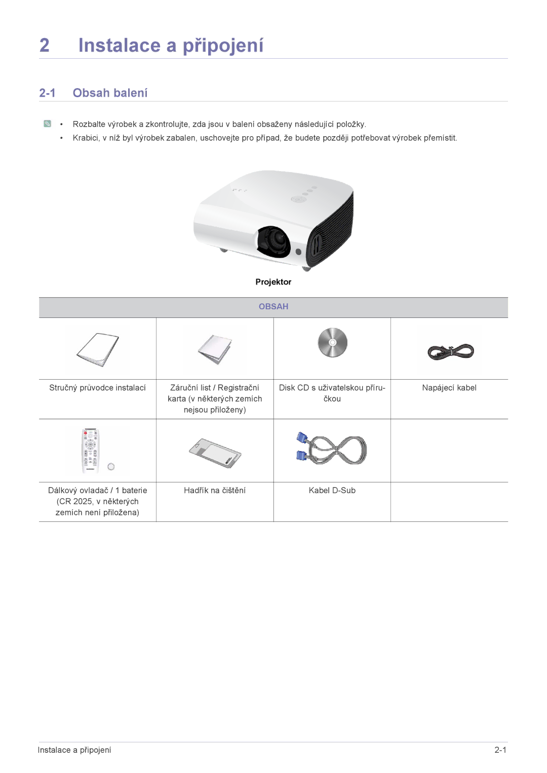 Samsung SPL201WEX/EN manual Obsah balení 