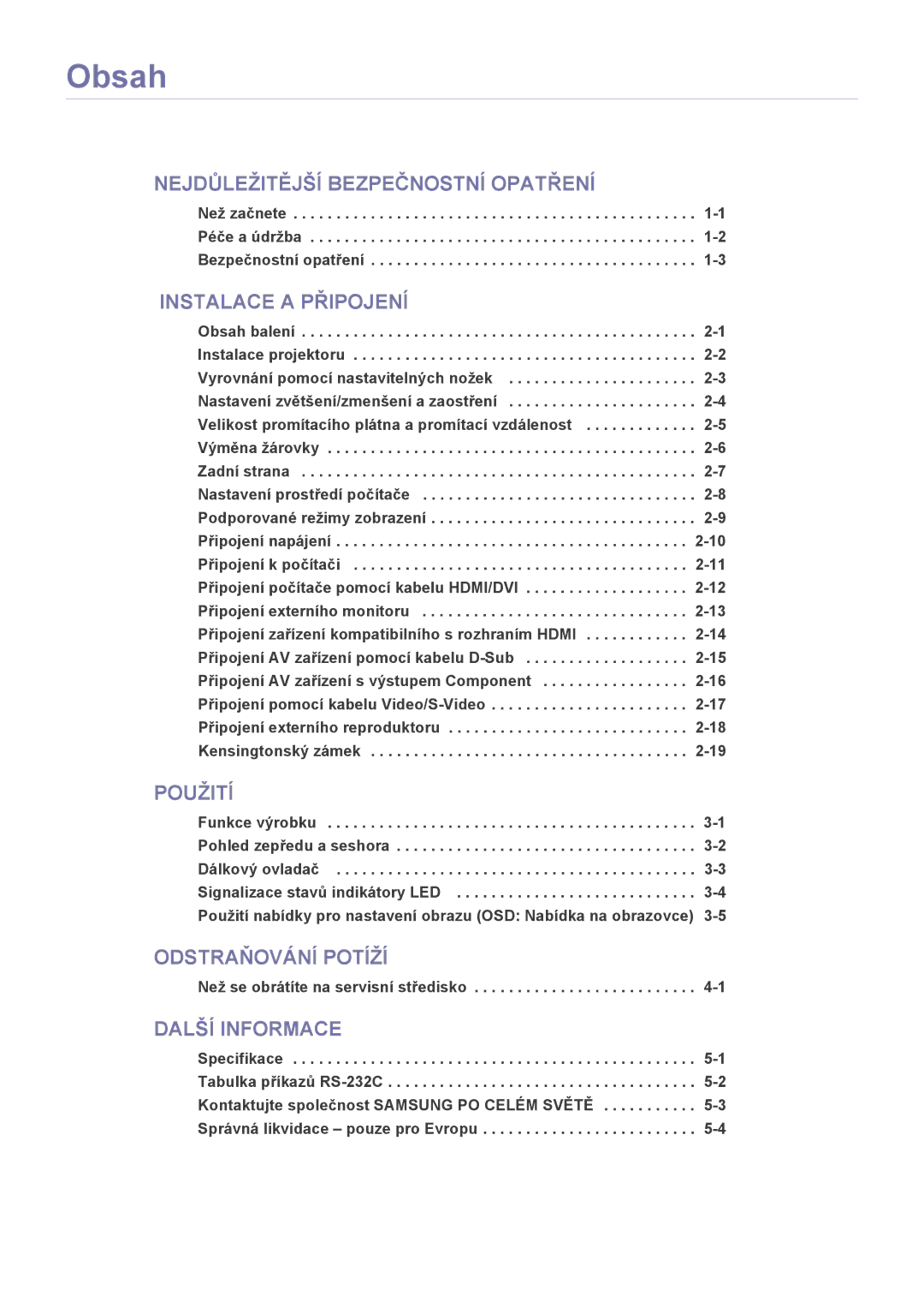 Samsung SPL201WEX/EN manual Obsah 