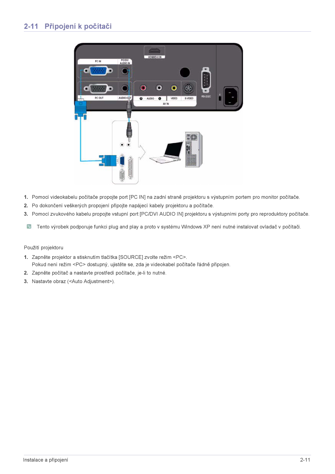 Samsung SPL201WEX/EN manual 11 Připojení k počítači 