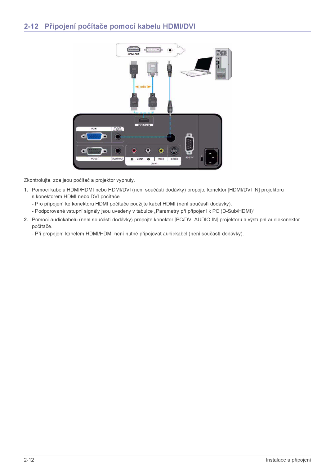 Samsung SPL201WEX/EN manual 12 Připojení počítače pomocí kabelu HDMI/DVI 